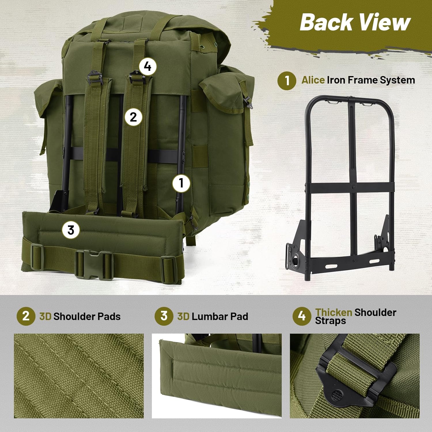 50L Military Alice Pack Army Survival Combat ALICE Rucksack Backpack for Men & Women for Camping, Hiking, Emergency Army Green