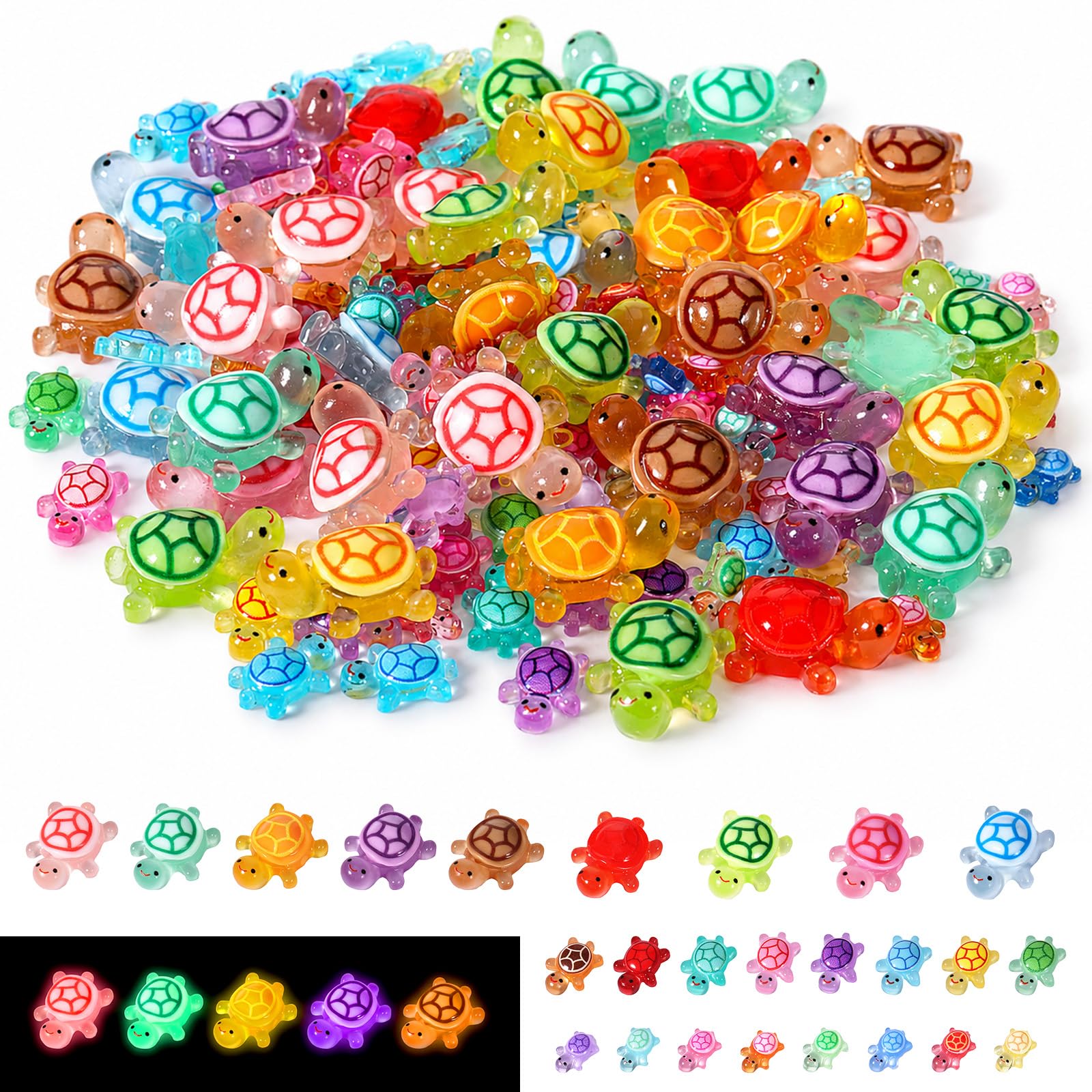 SULIKJHUI 150Pcs Mini Turtle Figurines, Resin Mini Turtles Glow in The Dark