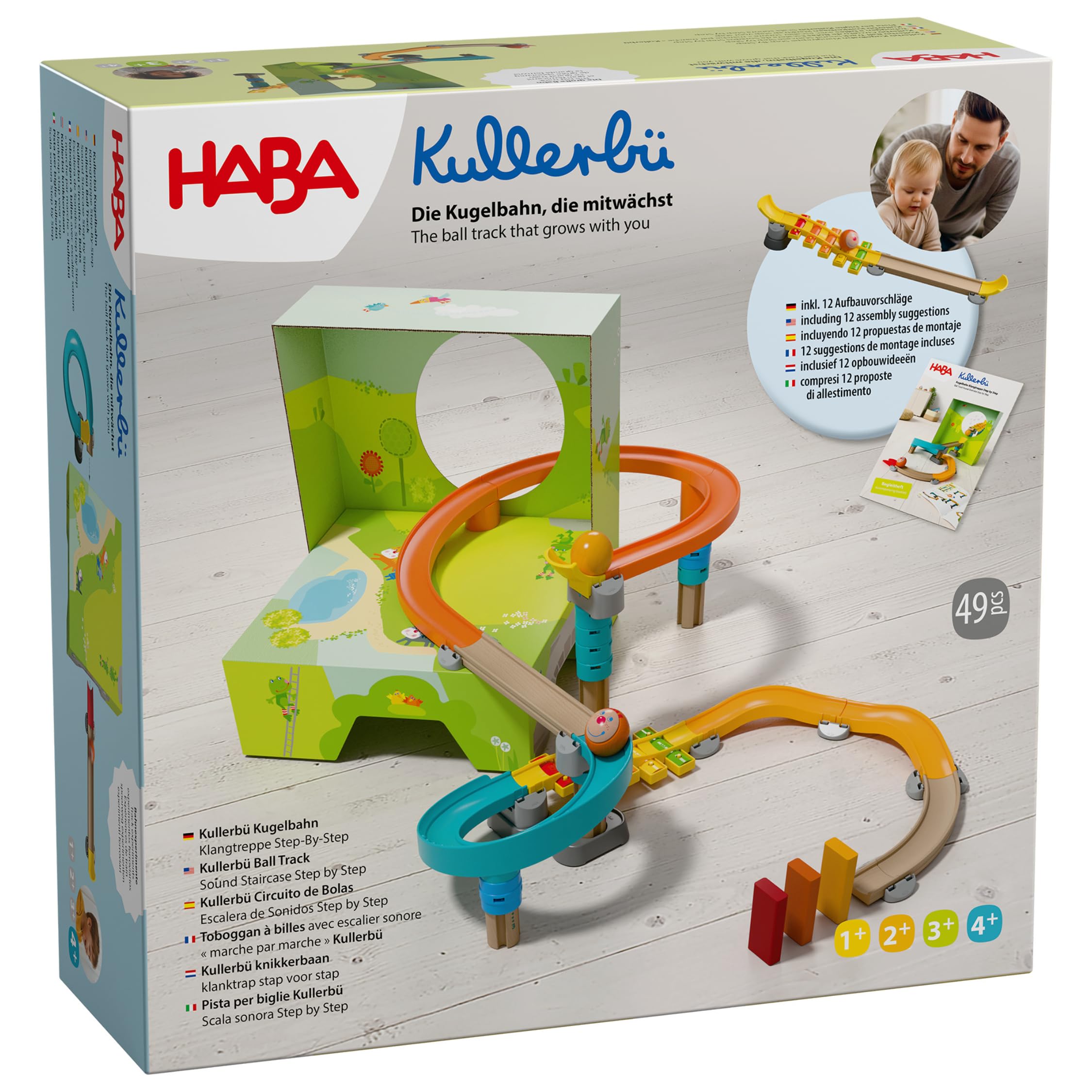 HABA Kullerbü Kugelbahn Klangtreppe Step by Step – Mitwachsendes Spielset ab 12 Monaten bis 4 Jahre – 47 Teile & Sound-Effekte – Kombinierbar mit Allen Kullerbü-Bahnen – 2013383001