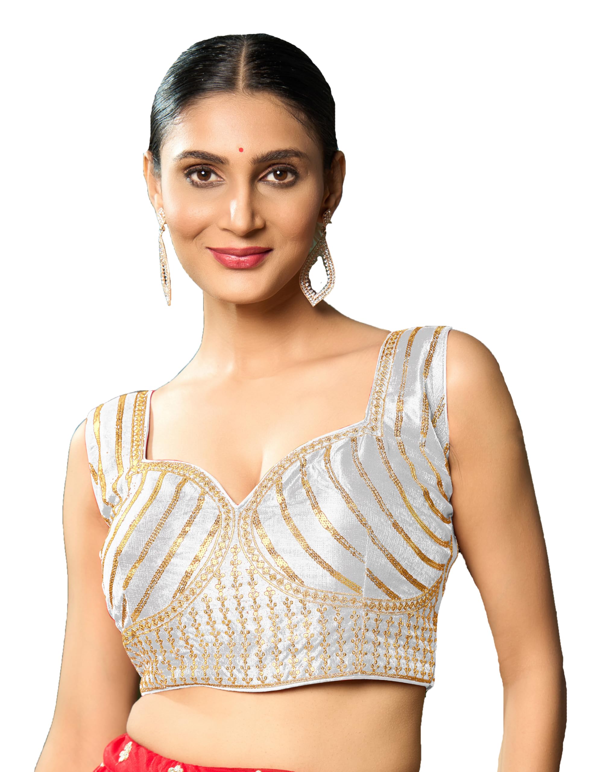 Pujia Mills Women's Readymade Blouse Embroidery Multi Coding Gold Thread Indian Ethnic Designer Stitched Readymade Saree Sleeveless Cream Blouse For Women For Saree Lehenga Choli