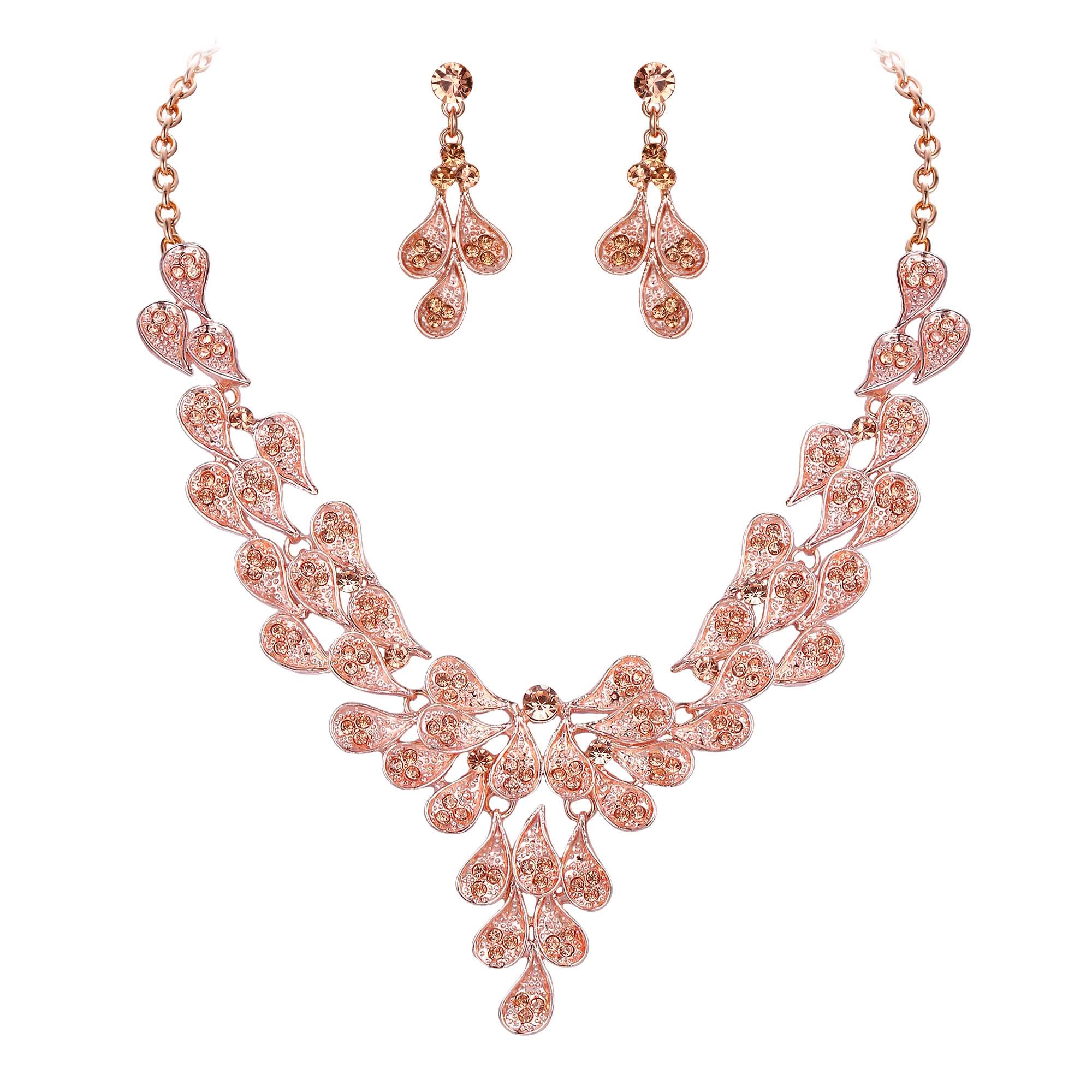 Clearine Juegos de Joyas de Mujer Forma Hojas Lágrimas Encaje Flores Cristales Collar y Pendientes para Novia Boda Fiesta