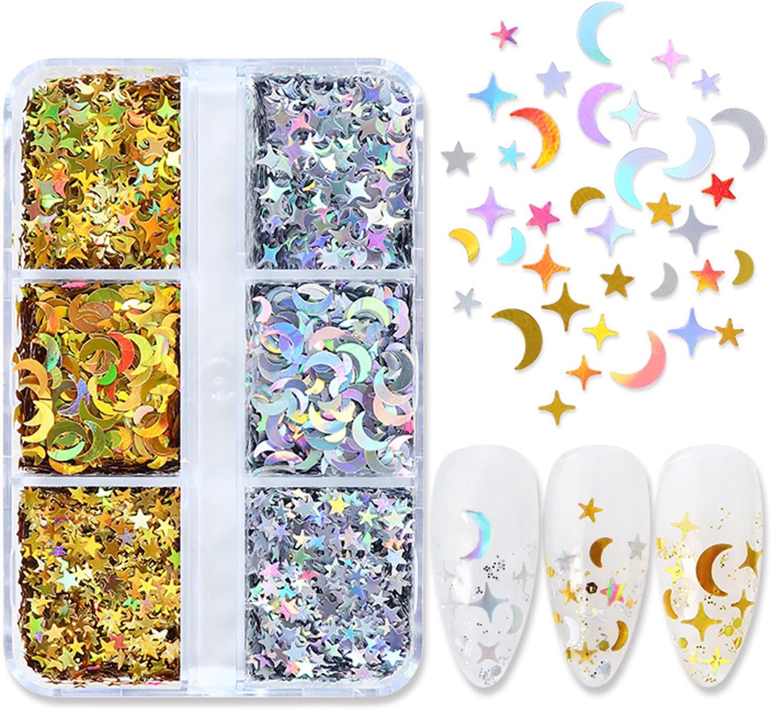 6Grids Star Nail Art Glitter Ramadan Gold Silver Moon Holographic Stickers Nail Sequins 3D Glitter Flakes Designs Acrylic Nails Supplies for Crafts Nail Art Women Girls