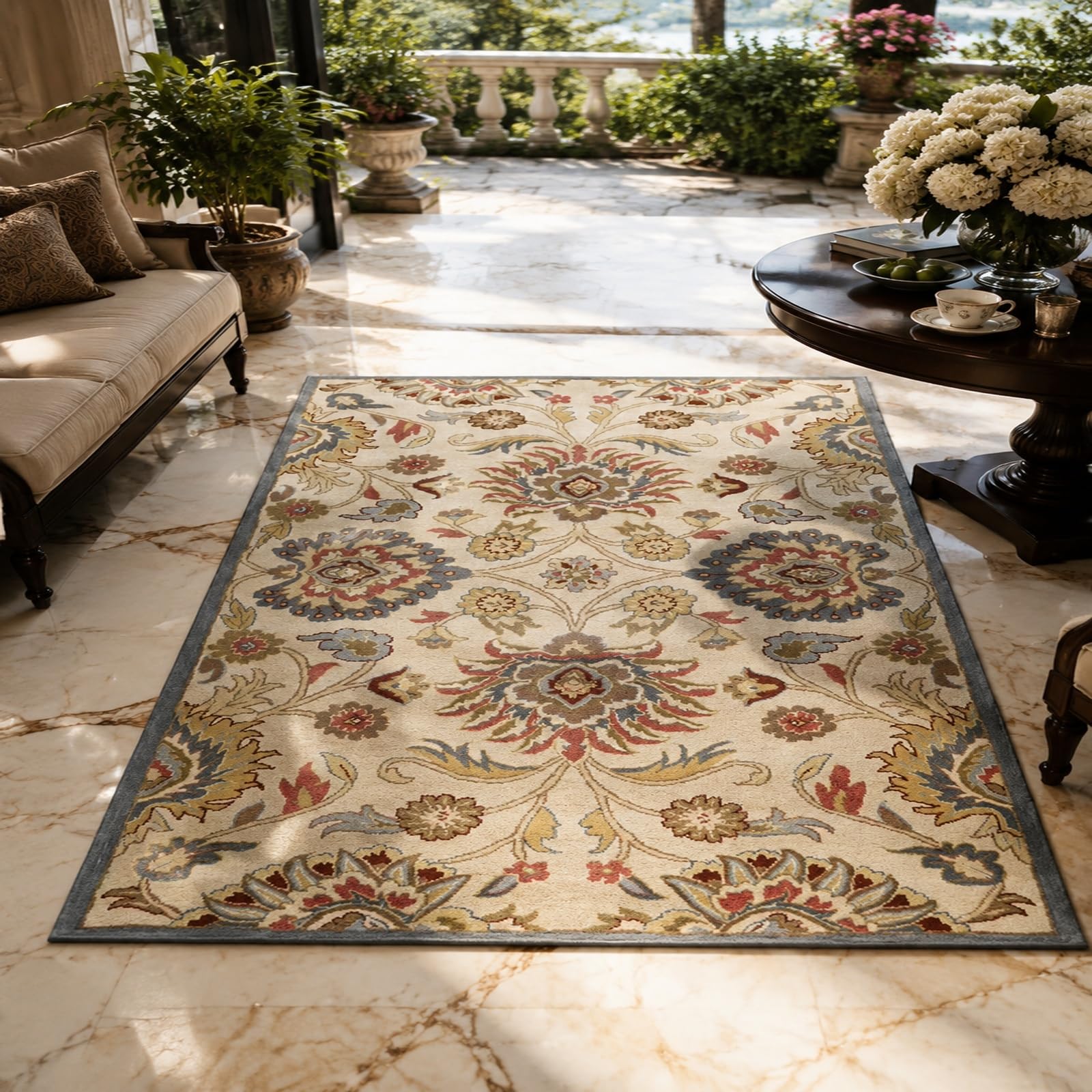 Generico Tappeto, vintage con motivi floreali nei colori beige blu rosso marrone e giallo 110 x 160 cm, Lavabile Tappeti Pelo Corto Corridoio camera da letto cucina soggiorno,