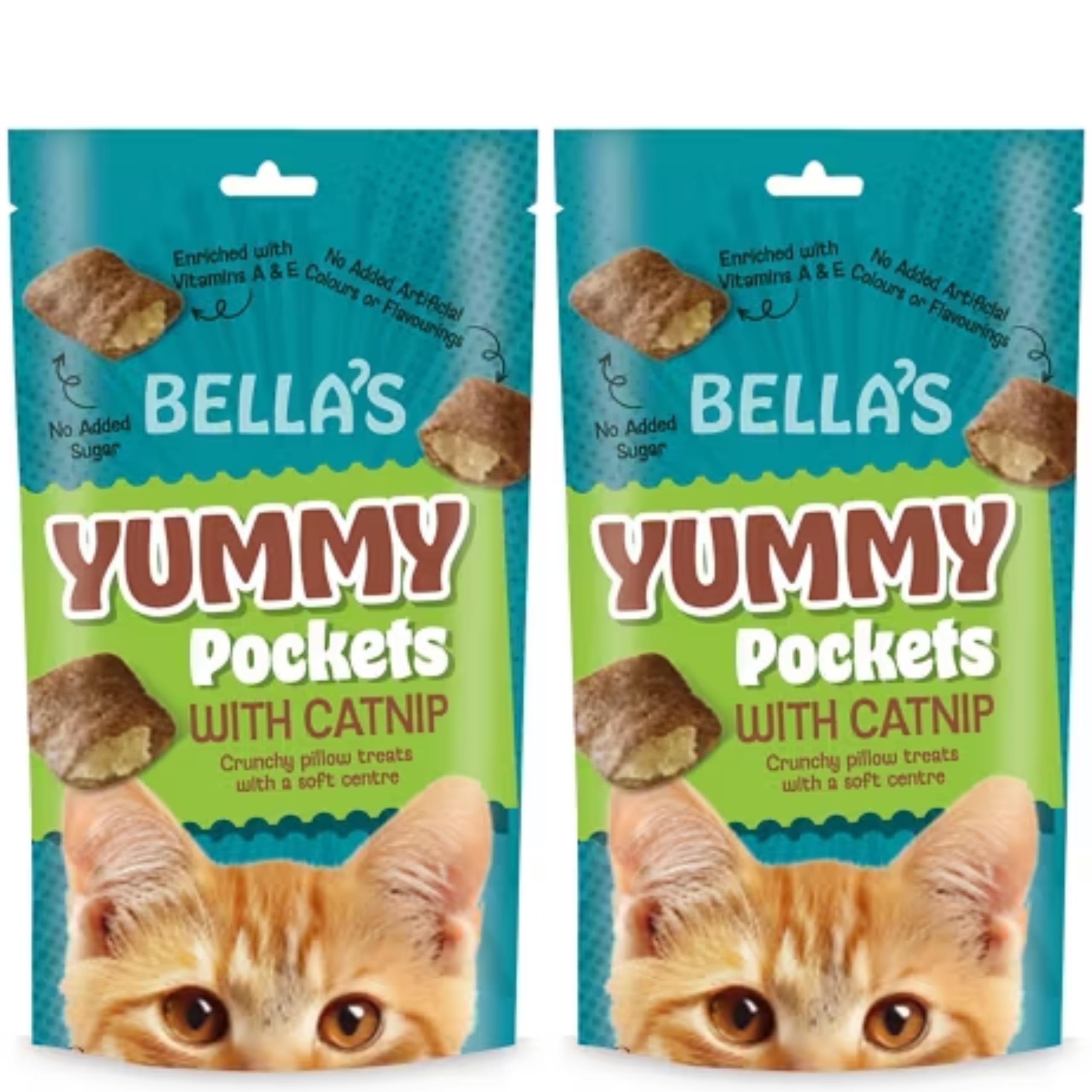 Bella's Yummy Pockets Cat Treats with Catnip, Crunchy Pillow Treats with Soft Centre, Enriched with Vitamins A & E, No Added Sugar, Adult Cat Snacks Pack of 2 (Yummy Pockets with Catnip)