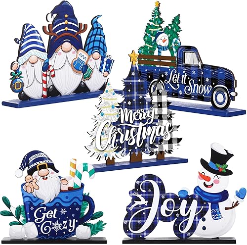 Huwena 5 Pcs Blue Christmas Table Decor Signs Christmas Table Centerpieces Joy Sign Wooden Christmas Decors for Winter Tiered Tray Decor Snow Happy