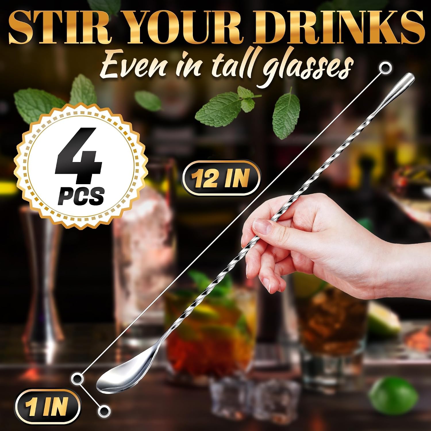 4 Pcs Bar Spoon Cocktail Mixing Spoon – 12'' Stainless Steel Cocktail Stirrers for Drinks, Polished Surface, Easy to Clean – Useful Bar Spoons for Professional and Home Use