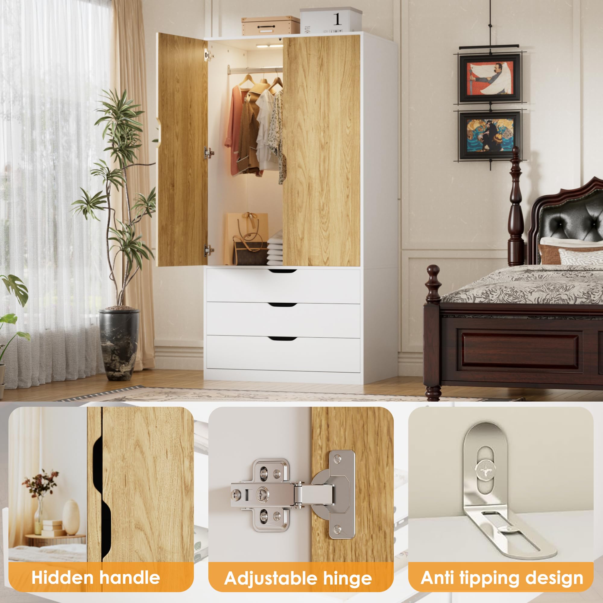 Kleiderschrank Weiß, Garderobenschrank 2-türiger mit Spiegel | Beleuchtung mit Bewegungsmelder | 3 Schubladen, Moderner Wardrobe Schrank für Schlafzimmer, Kinderzimmer, Flur | 80 x 180 x 50 cm (B/H/T)