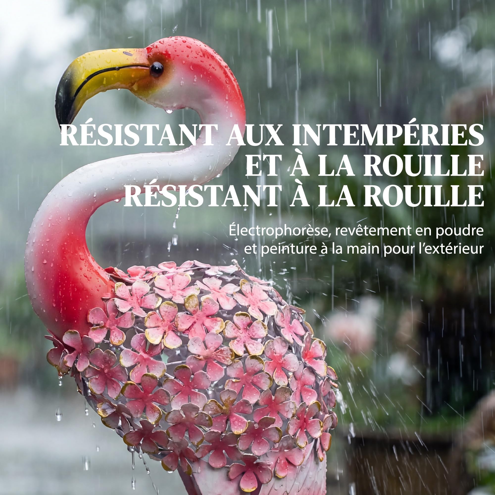 Outsunny - Estatua de jardín flamenco, diseño de pájaro de metal con plumas florales, decoración al aire libre con estacas de fijación para jardín, terraza o paisaje, rojo