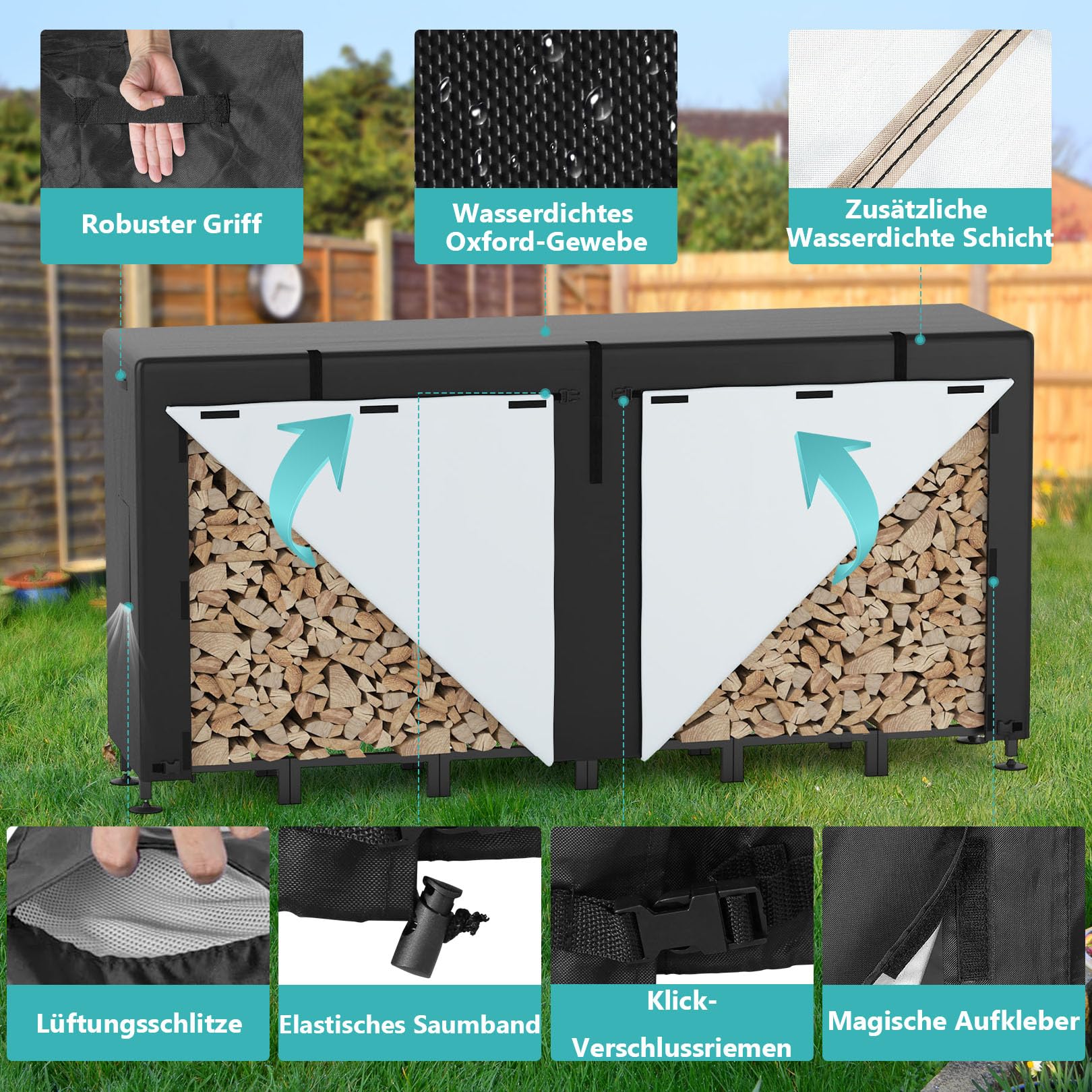 Himimi Kaminholzregal Außen 235x25x116cm mit 450D Abdeckung – Brennholzregal Metall für Holzlager & Holzunterstand Draußen, wetterfest, mit verstellbaren Füßen & Sicherheitsketten für Garten, Patio