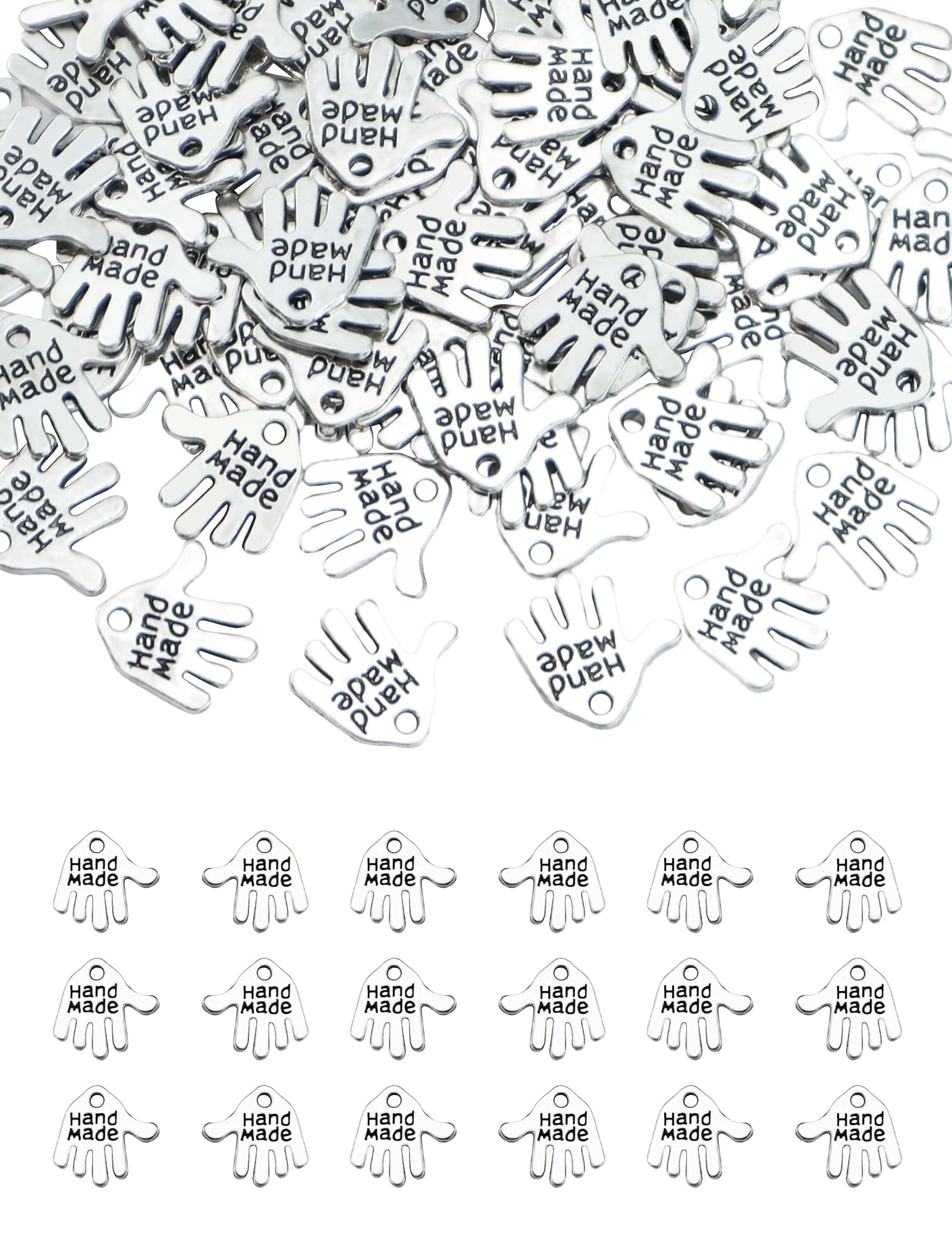 JIALEEY 100PCS Hand Shaped Charms - Hand Made Tag Signs Charms Carved Silver Tone for Fashionable Jewellery Making Charms Findings Crafting Sewing