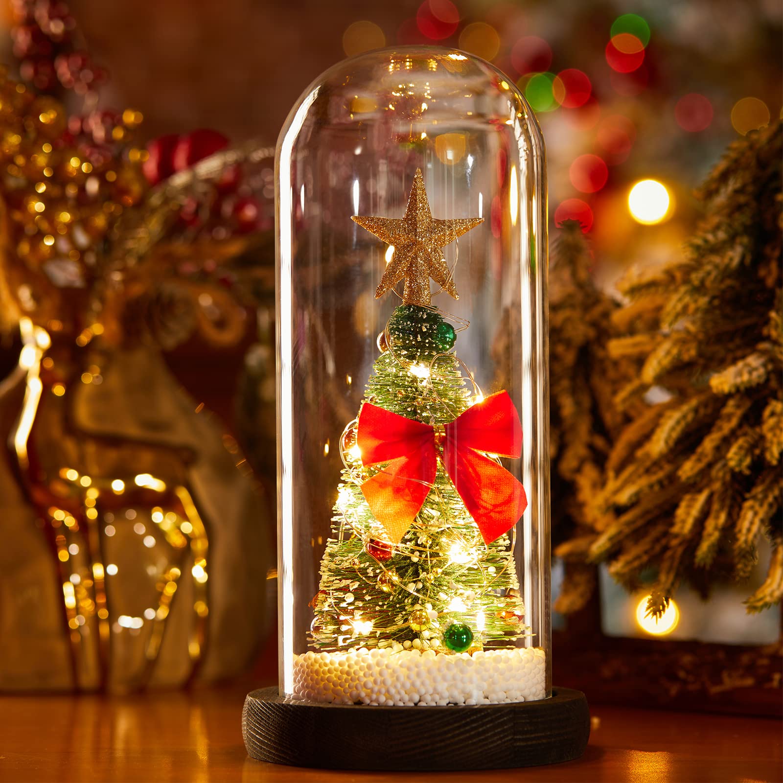 Photo 1 of LED Tabletop Christmas Tree in Glass Dome with Red Bow Star Christmas Tree Decorations Home Indoor Tabletop Xmas Decor with Xmas Tree Fairy Light for Christmas Birthday Xmas Gifts for Women Mom Girls