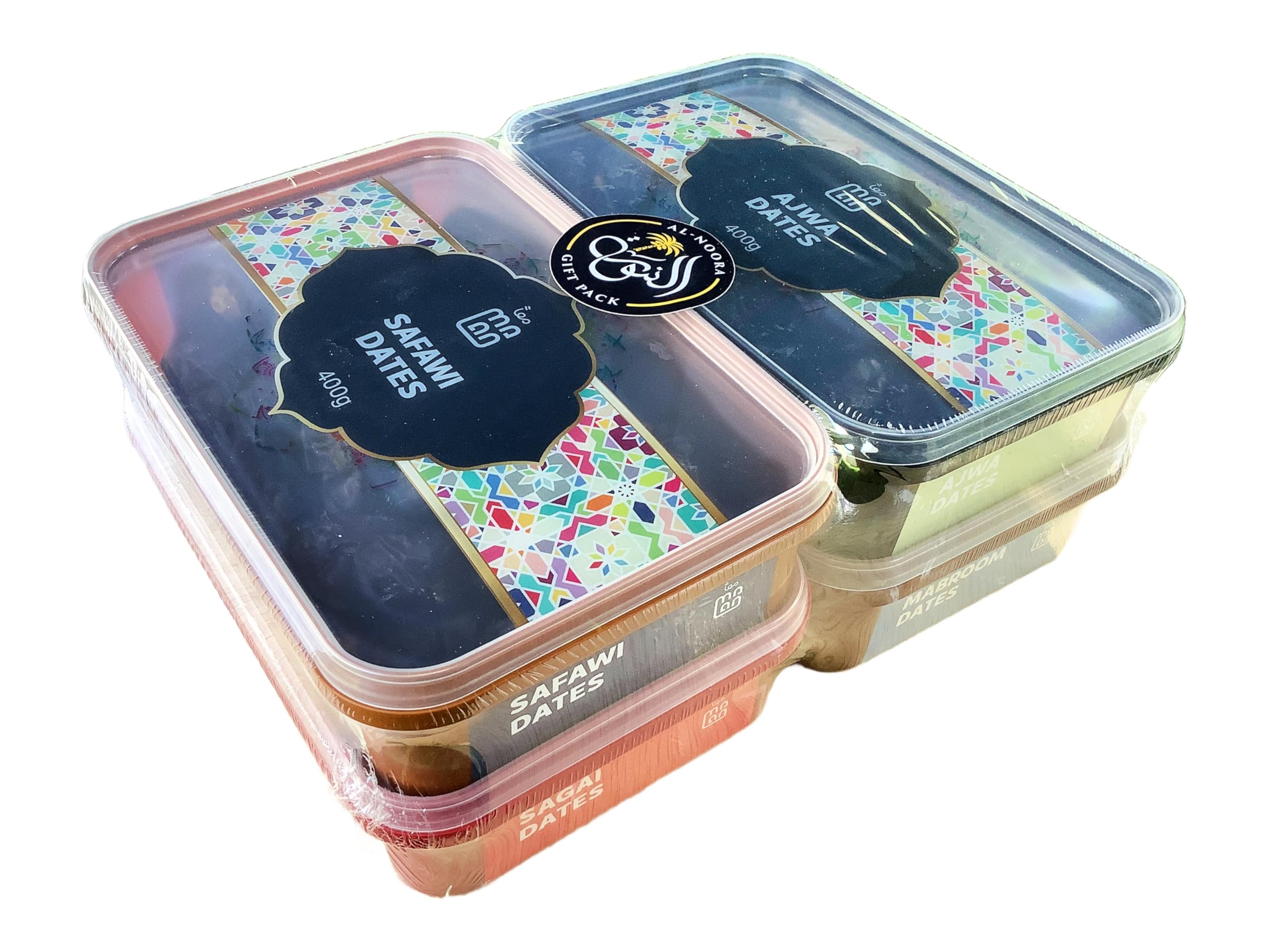 MAAN Al Ajwa 400g + Safawi 400g + Sagai 400g + Mabroom 400g Premium Dates 4 Pack NOORA Gift Pack