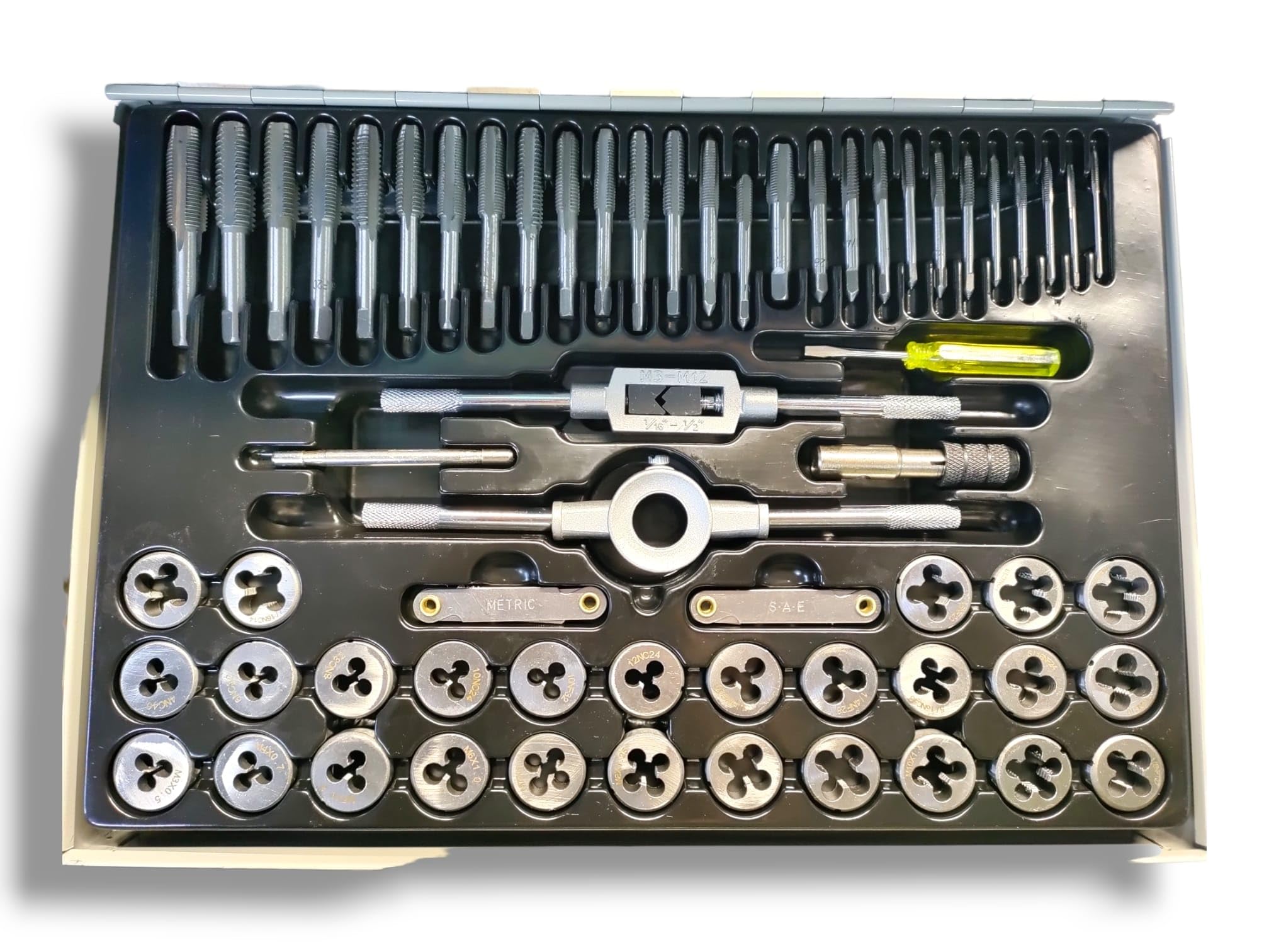 Terraja 60 piezas kit rosca machos y hembra en maletín metal terraja métrica tip and die (gris)