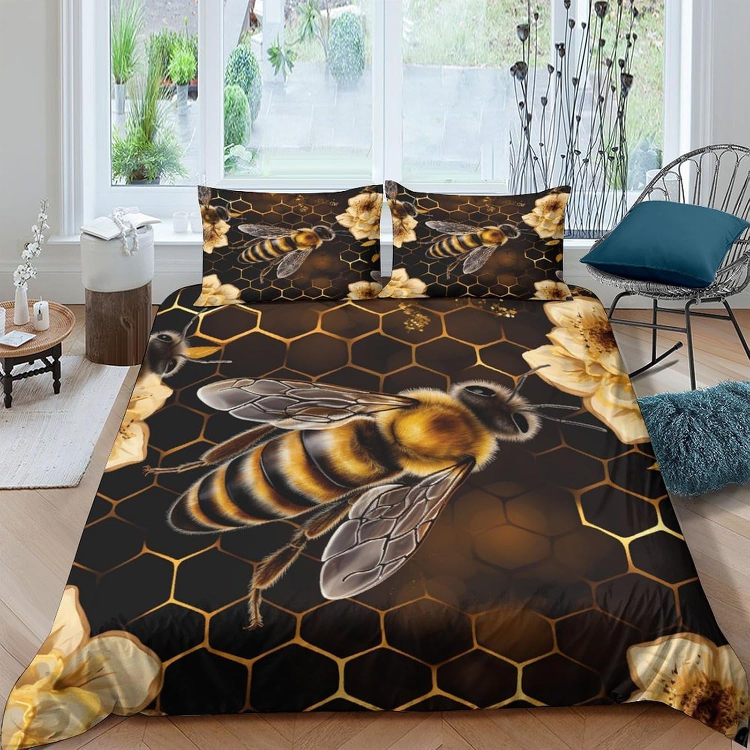 Housse de couette 200x200 abeille 3D avec 2 taies d'oreiller en microfibre pour lit double