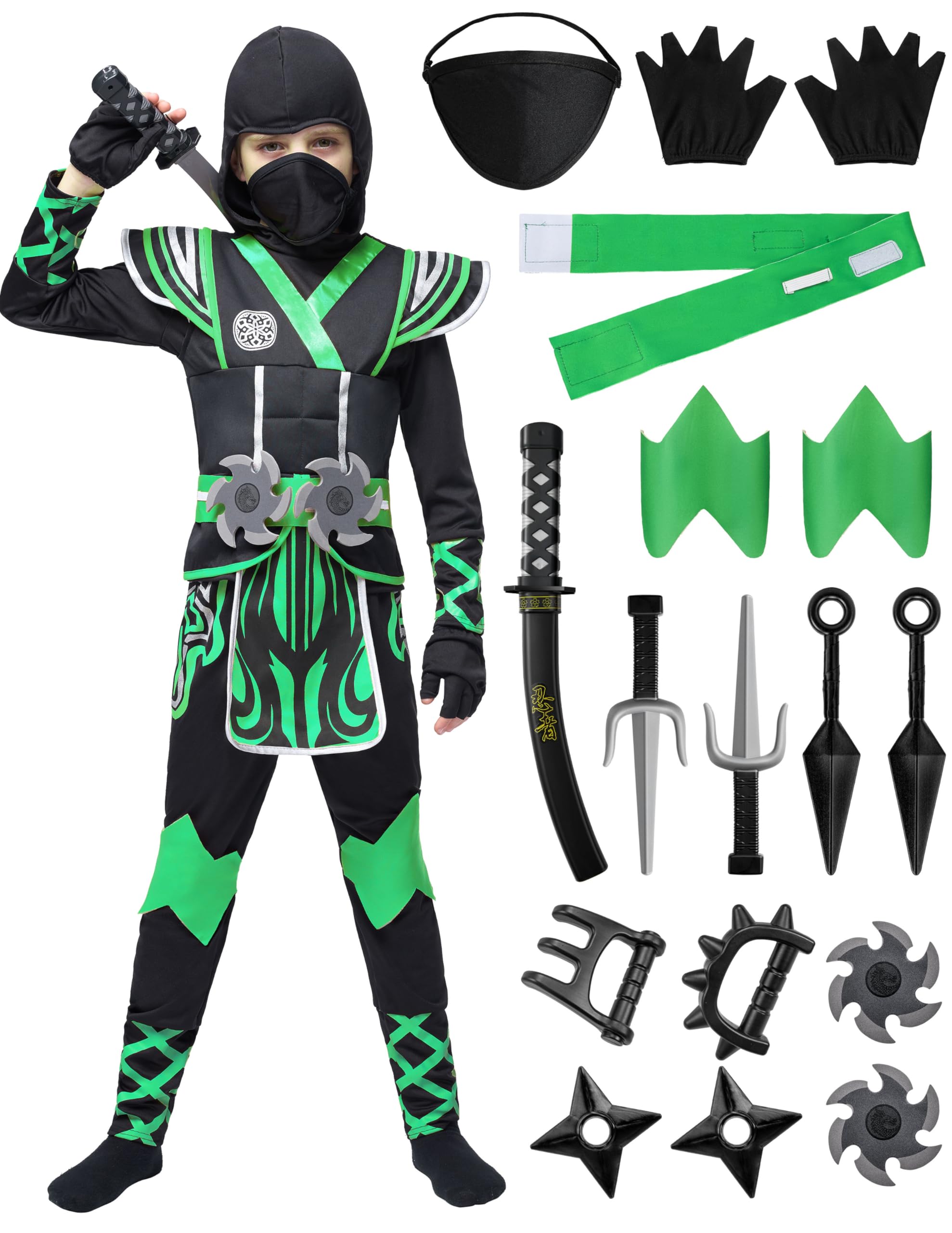 Spooktacular Creations Zielony kostium ninja dla chłopców, kostium wojownika ninja, kostium karnawałowy, imprezy tematyczne, Halloween, do odgrywania ról ninja