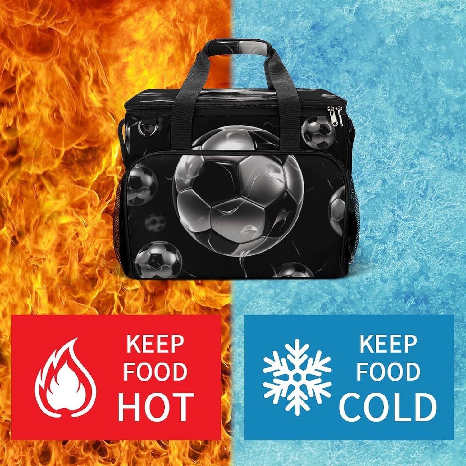 Large Capacity Oxford Cloth Soccer Black Printed Camping Ice Bag, Outdoor Portable Insulation and Cooling Bag, Suitable for Outdoor Camping and Picnics