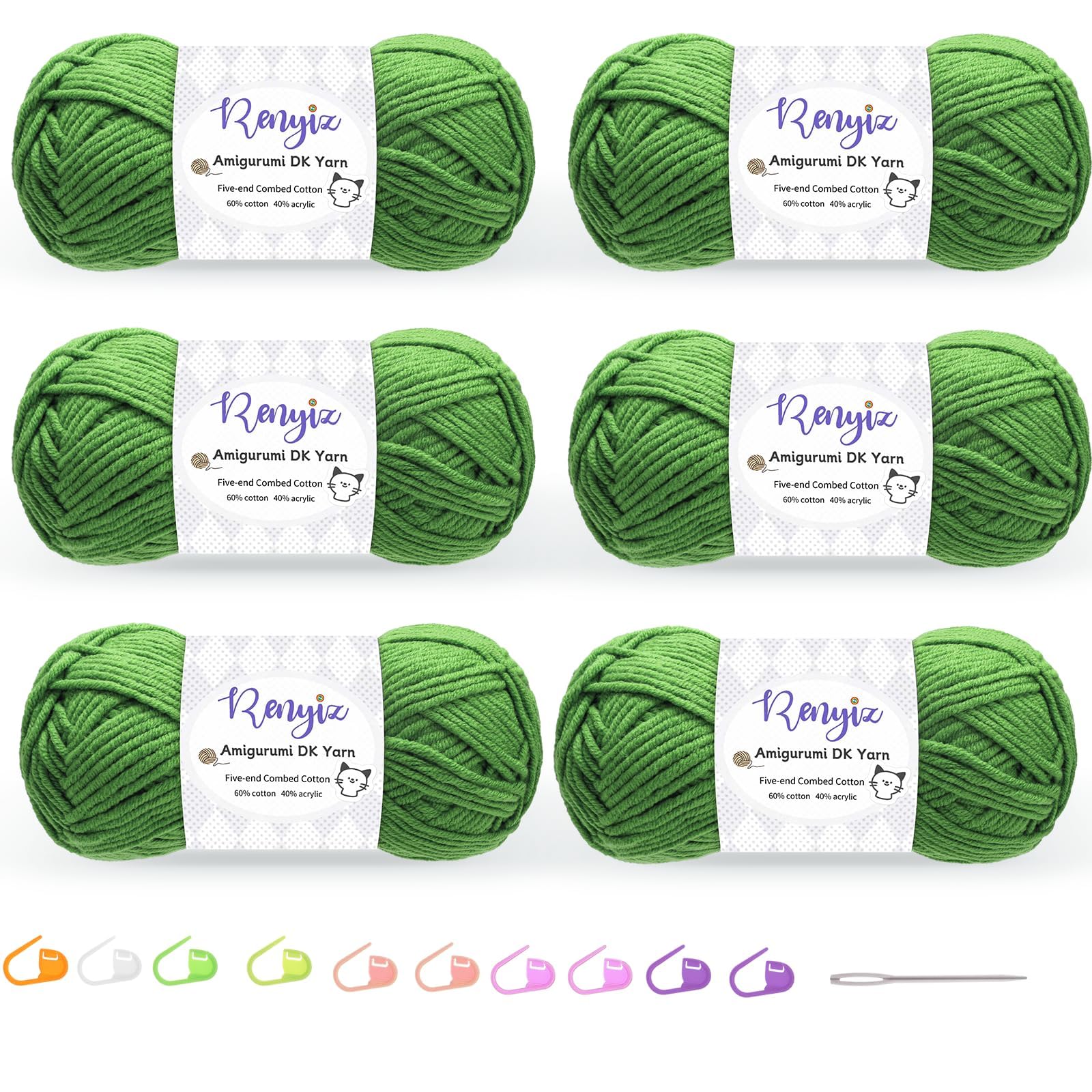Renyiz Crochet Yarn, 6 x 50g Cotton Yarn (60% Cotton & 40% Acrylic) DK Wool for Crochet with 2.5mm Hook & Accessories, Suitable for Baby Wool Crafts & Knitting Green