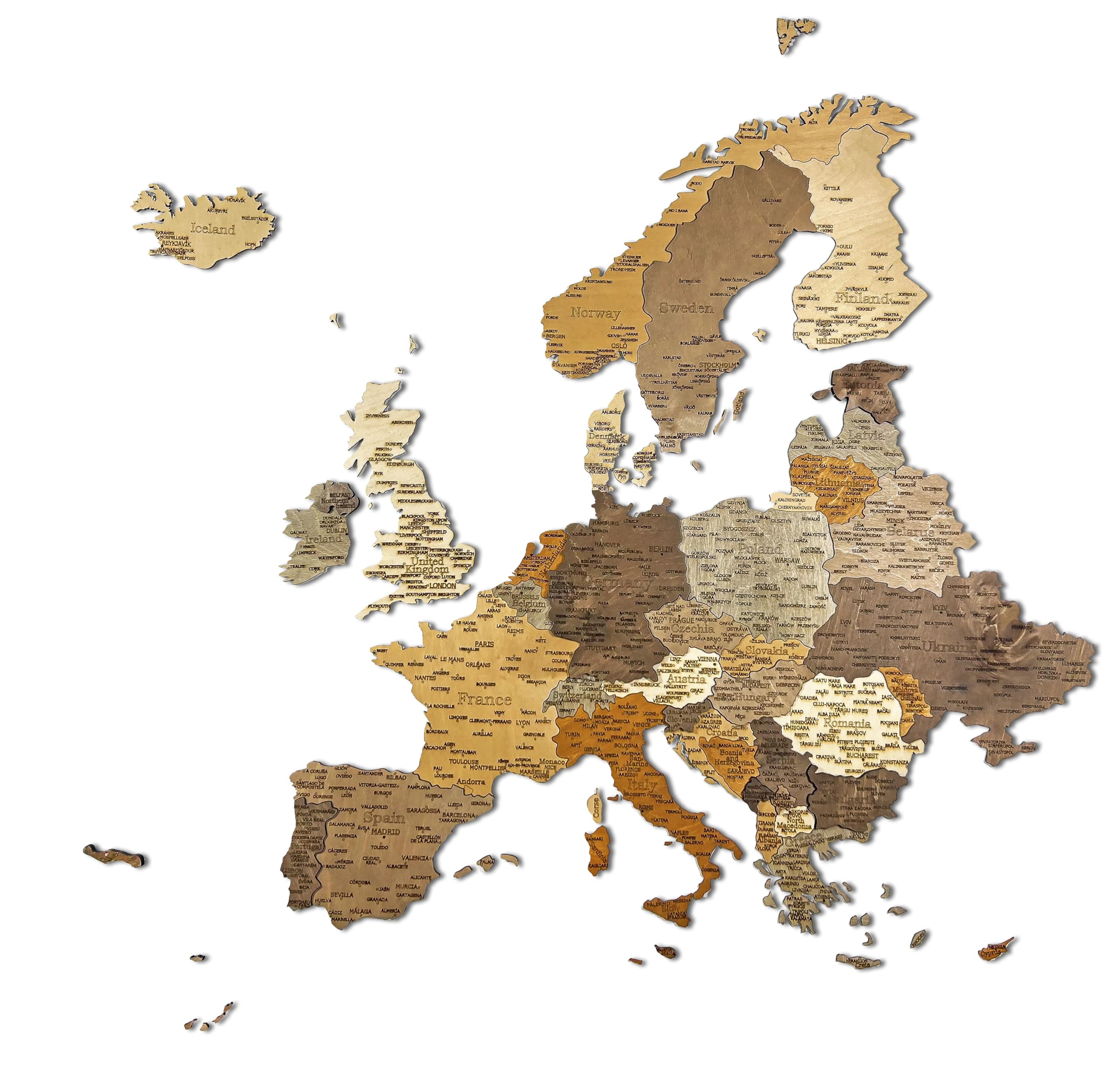 Natura Products 3D Mapa Europy z drewna – dekoracja ścienna w 2 rozmiarach, opcjonalnie z regionem Bliskiego Wschodu (Z regionem Bliskiego Wschodu)