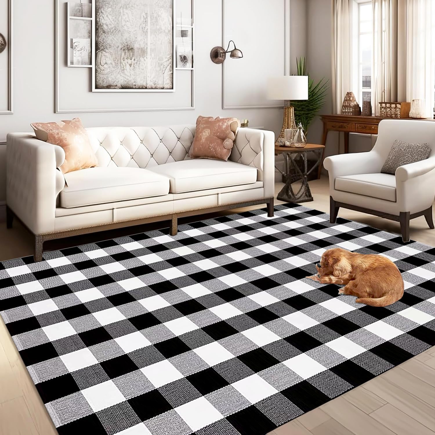 HOYIJA Buffalo Plaid Outdoor Rug 5' x 7' Washable Rugs,Black and White Checkered Rug,Cotton Hand-Woven Indoor or Outdoor Check Large Area Rugs for