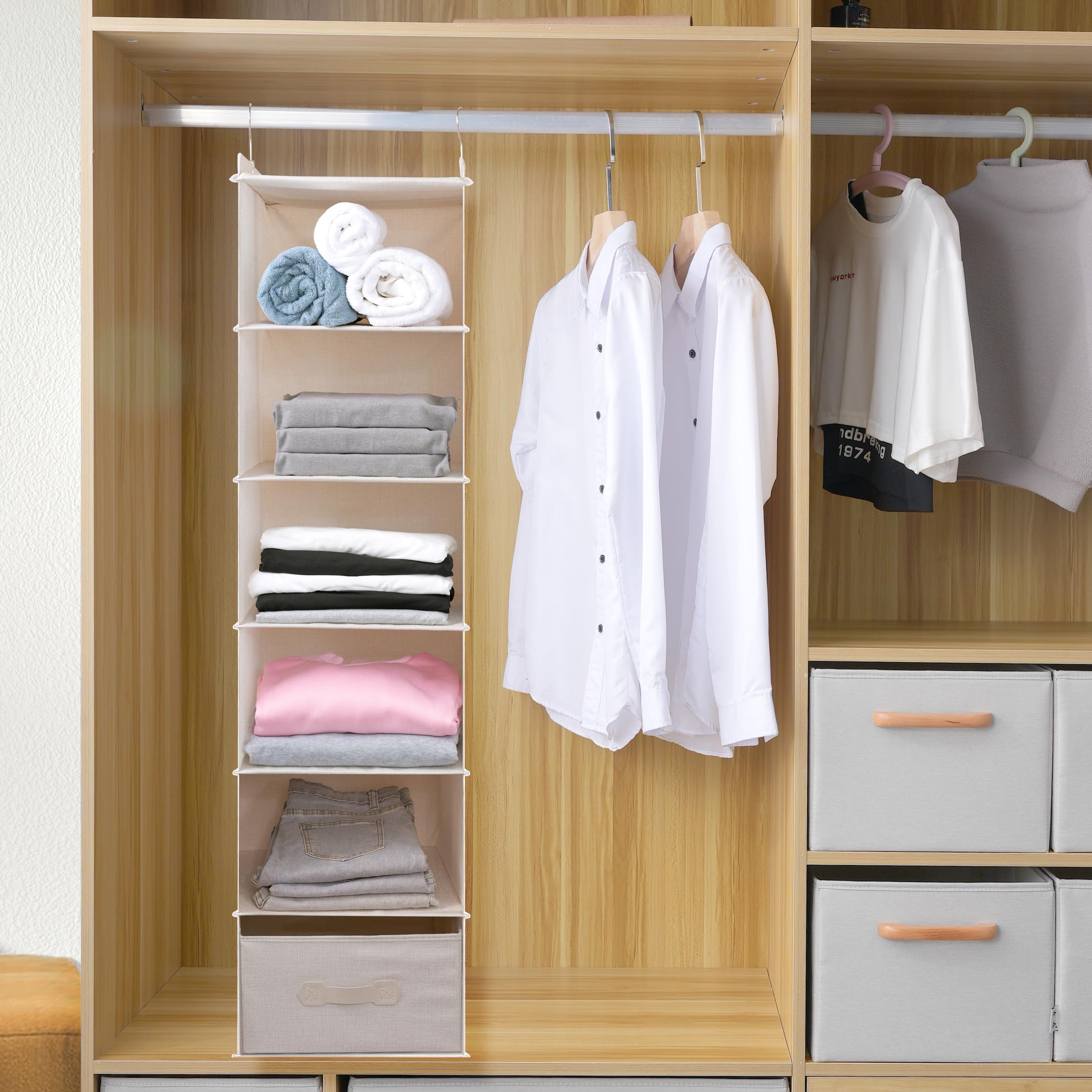 tulinstiraga Large Hanging Sweater Organizer for Closet,Collapsible 6-Shelf Hanging Closet Shelves with Drawers - Image 3
