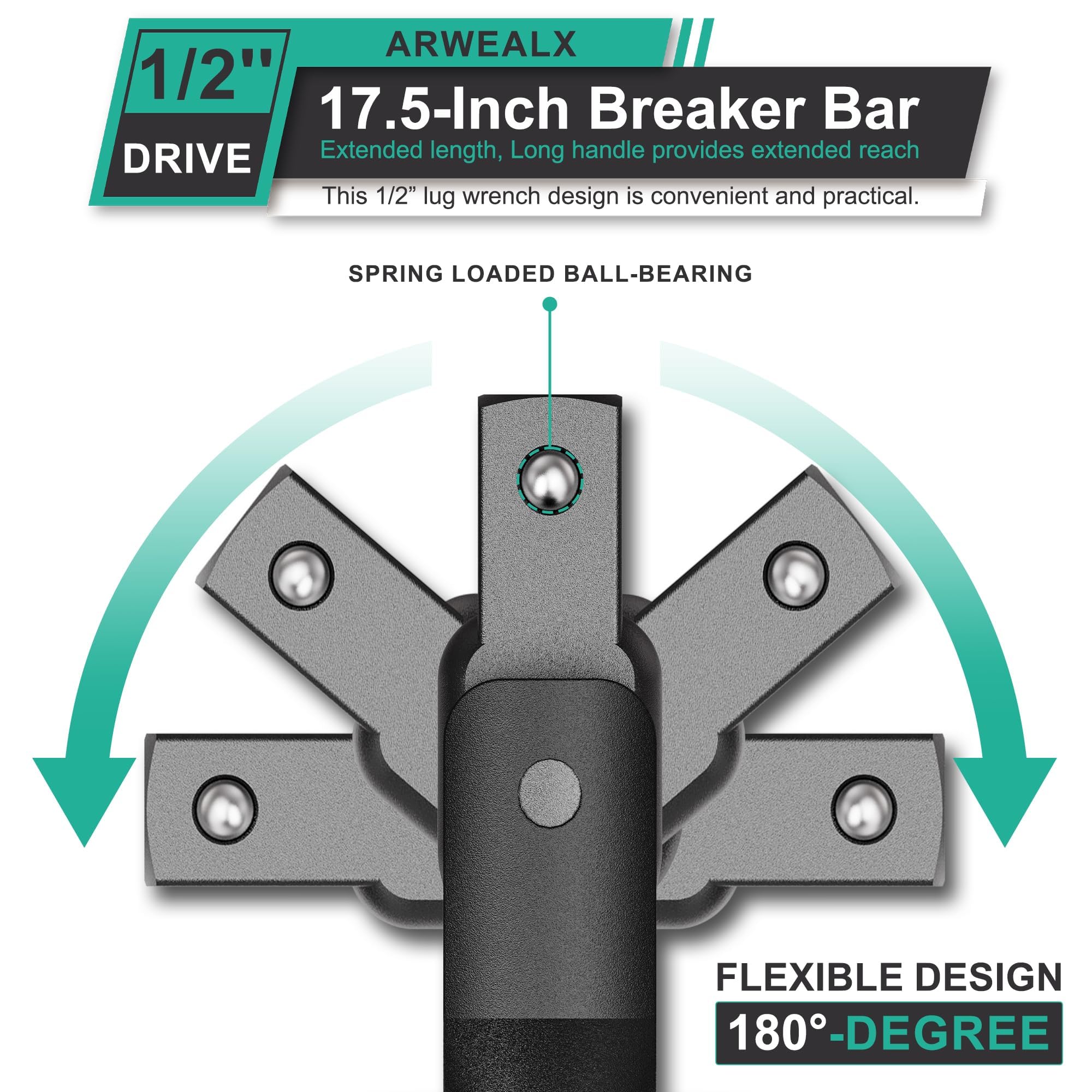 Arwealxs 1/2" Drive Breaker Bar, 44.5cm Heavy Duty Extension Breaker Bar, 180° Rotatable Head, Auto Repair, Mechanical Repair - Image 2
