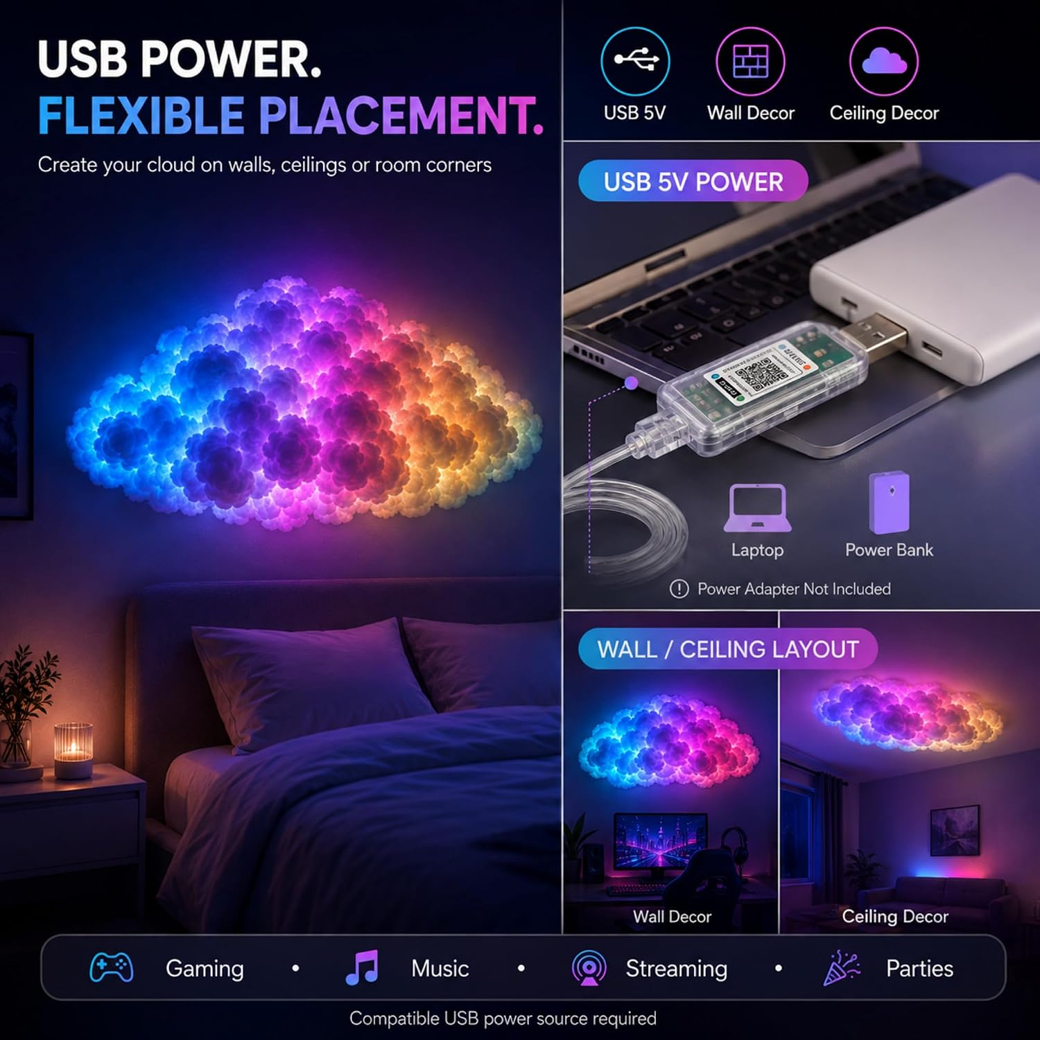 DIY Thundercloud LED Light Kit, Bluetooth App & Remote, Music Sync RGB 3D Cloud Lamp, USB Powered Cloud Lights for Ceiling Wall, Bedroom Gaming Room Party Decor，13FT/400cm image 5
