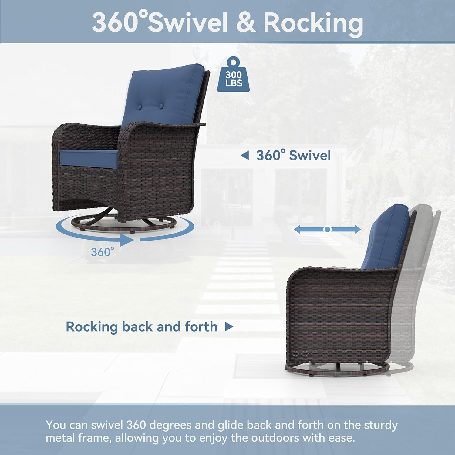 Kurapika 3 Pieces Patio Furniture Set Outdoor Swivel Gliders Rocker, Wicker Patio Bistro Set, Rattan Rocking Chair with Tempered Glass Side Table and Thickened Cushions (Navy Blue)