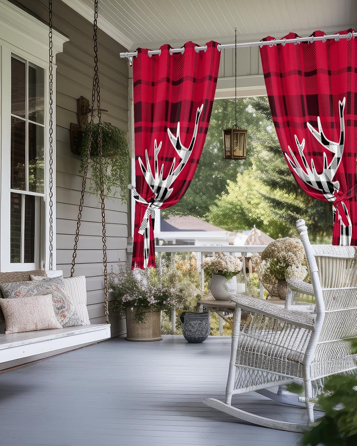 Outdoor Curtain for Patio Waterproof, Xmas Deer Head Bufflo Plaid Red Windows Curtains Panels Light Filtering Outside Drapes for Living Room/Pergola/Garden/Balcony 52" W x 84" L x 2