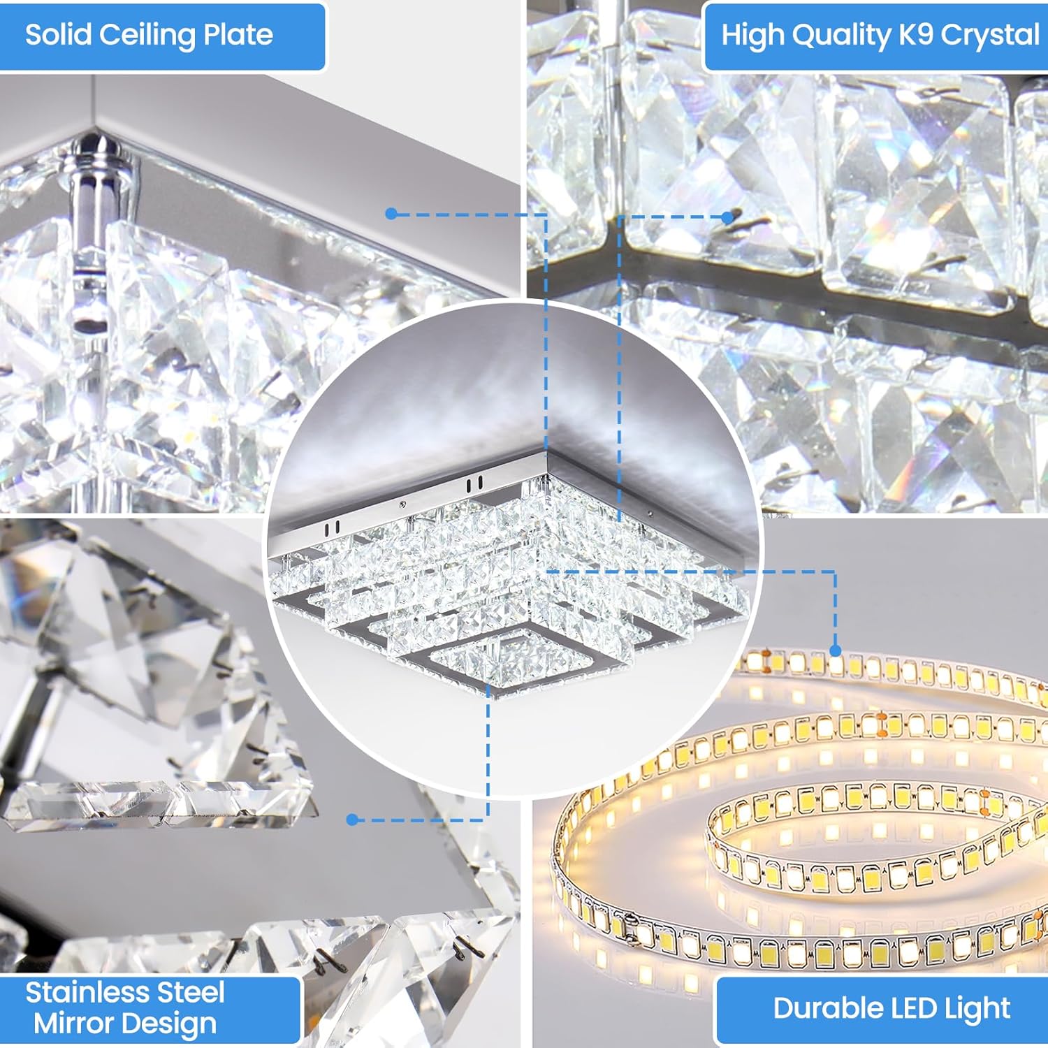 Finktonglan Square Crystal Ceiling Light Fixture, 15" Modern Flush Mount Chandelier, 3-Tier LED Ceiling Light for Living Room Dining Room Bedroom Hallway, 6500K Cool White