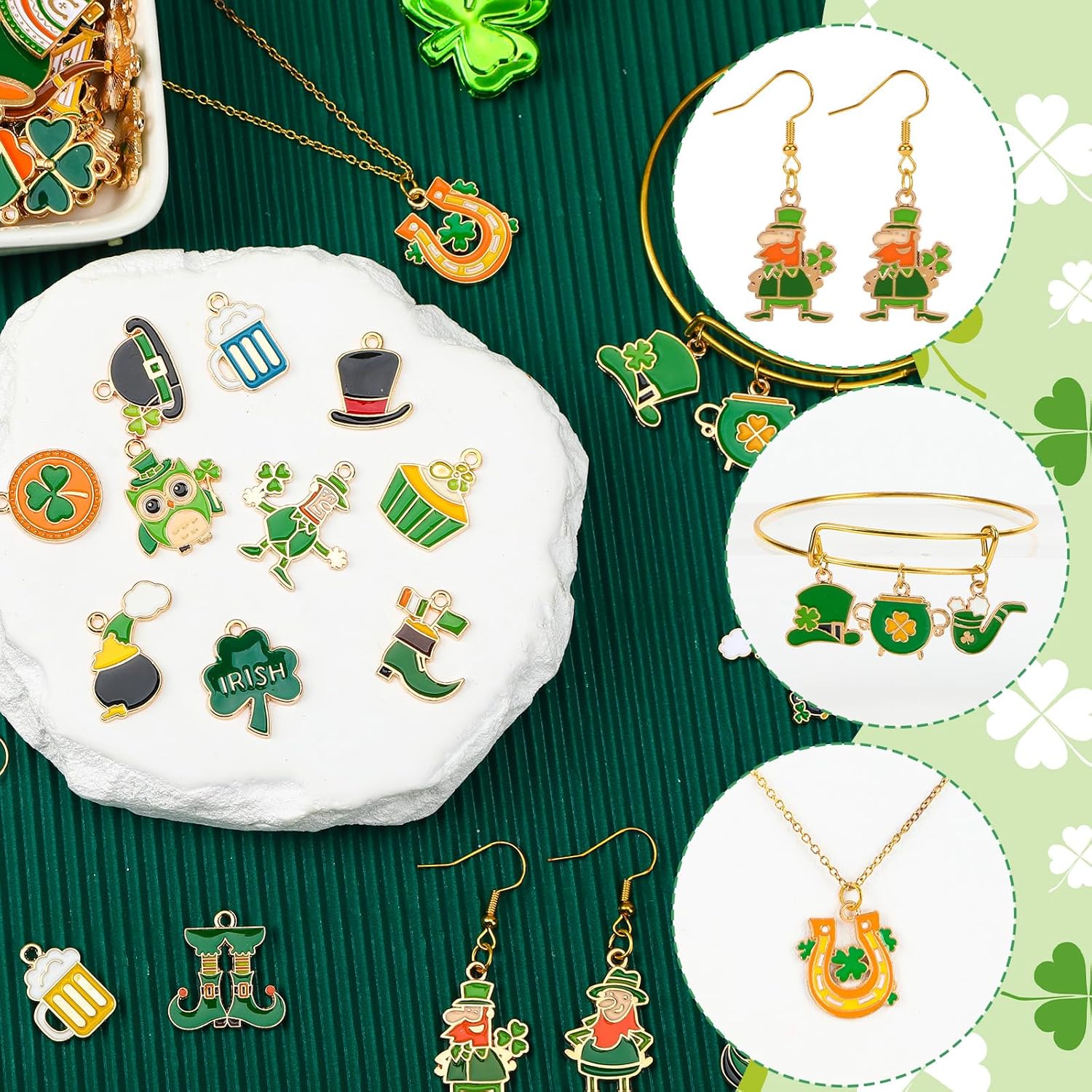 MARFOREVER 120 PCS St. Patrick's Day Charms, Green Shamrock Charms for Jewelry Making, Assorted Gold Enamel Irish Hat Coins Beer Gnome Charm Pendants for Bracelet Necklace Earrings Making Supplies - Image 4