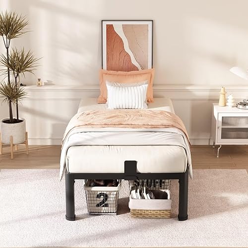 Miniatura 2 de FUIOBYVV Marco de cama individual de 14 pulgadas con esquinas redondeadas y agujero en el cabecero, retenedores de colchón, listones de acero