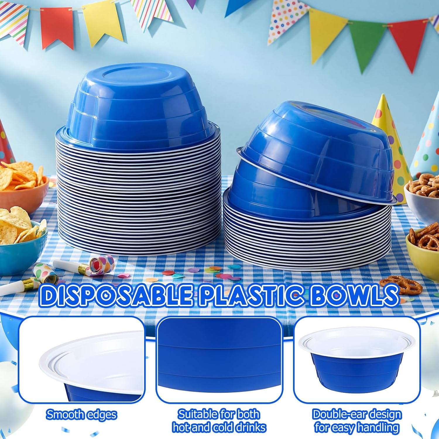 Baderke 50 Pcs Graduation Blue Party Cup Bowls, 23 oz Disposable Plastic Bowls for Cold and Hot Food, Snacks, Salads and Desserts for Graduation Party Supplies, Birthday, Holiday Event