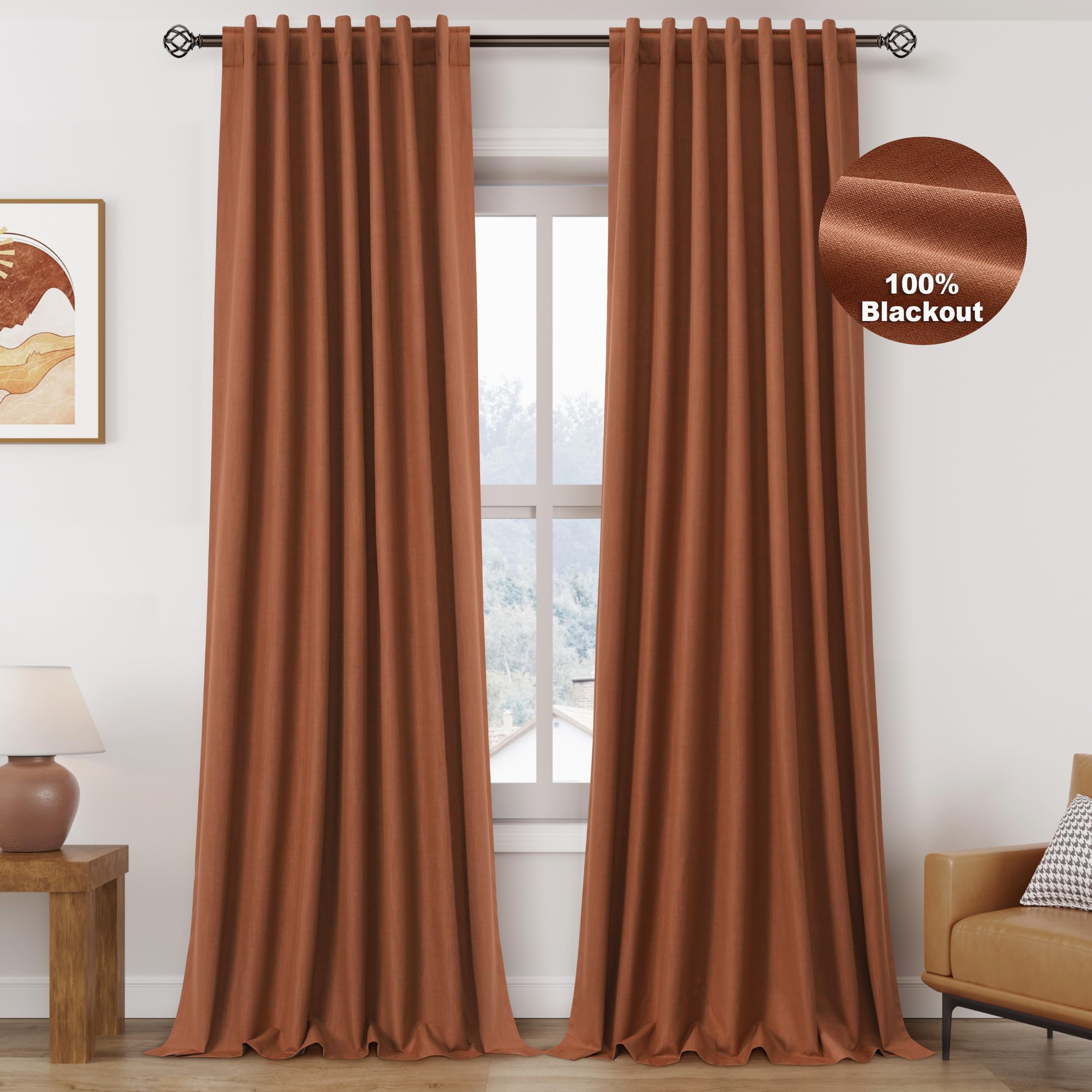 Terracotta Linen 100% Blackout Curtains for Bedroom 90 Inches Long Back Tab Thermal Insulated Boho Farmhouse Decor Black Out Curtain for Living Room
