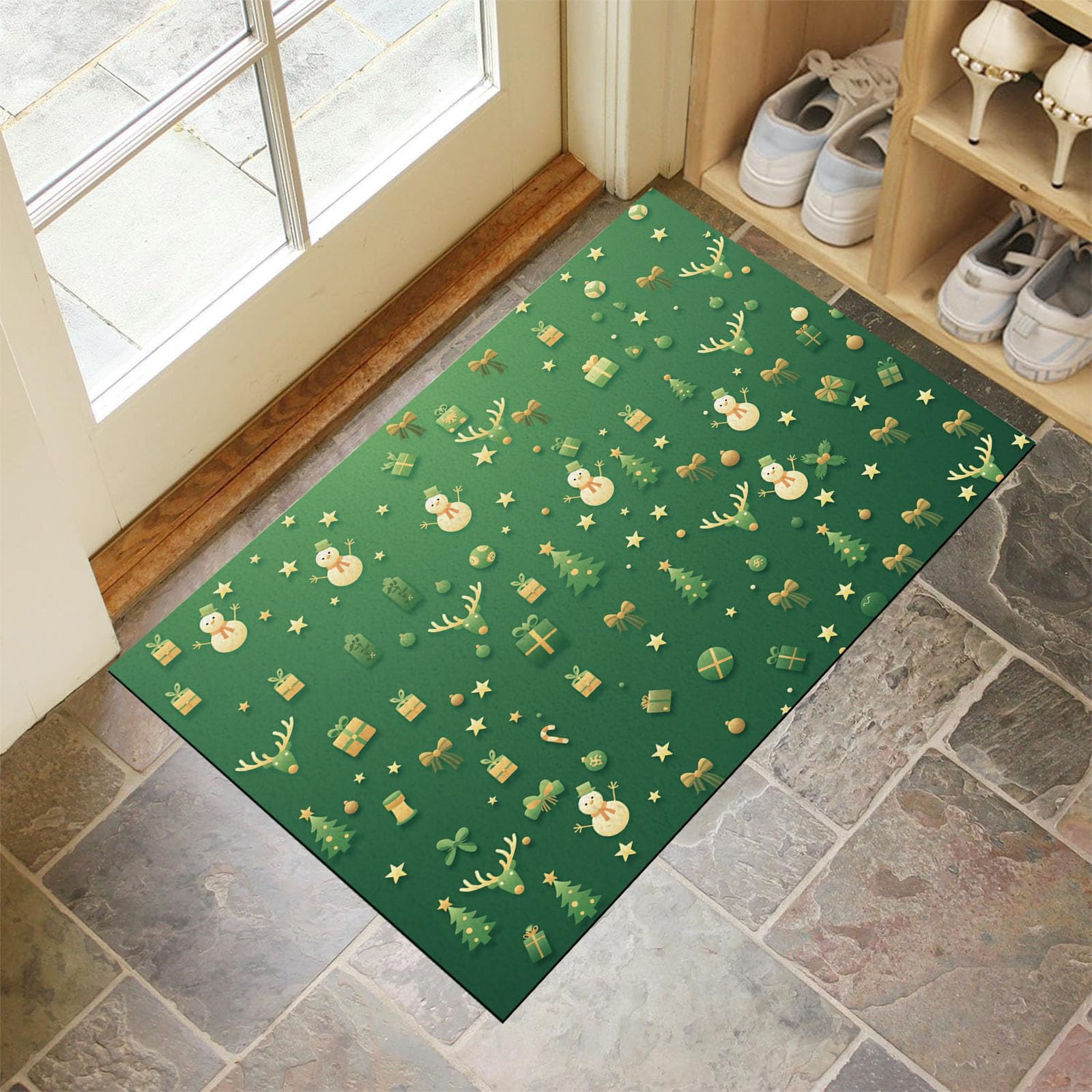 Alfombra Entrada Casa 60x120cm Felpudo Absorbente Muñeco Nieve Reno Y Regalos Alfombra Exterior para Puerta Icono Navideño Alfombrilla Antideslizante Atrapapolvo para Puerta, Pasillo, Jardín, Verde