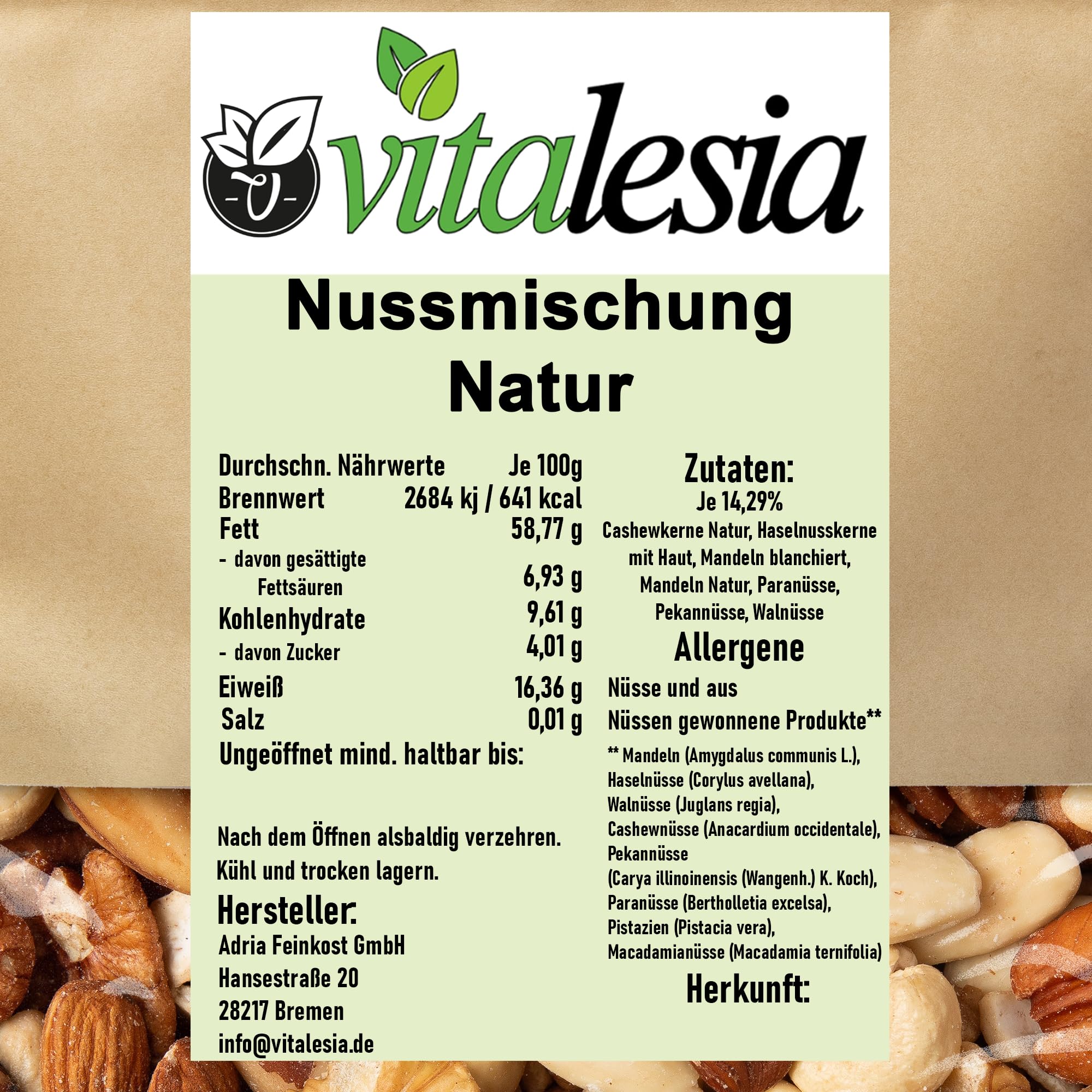 Vitalesia Nussmischung Natur 2,5kg 7 Nüsse ungesalzen ungeröstet