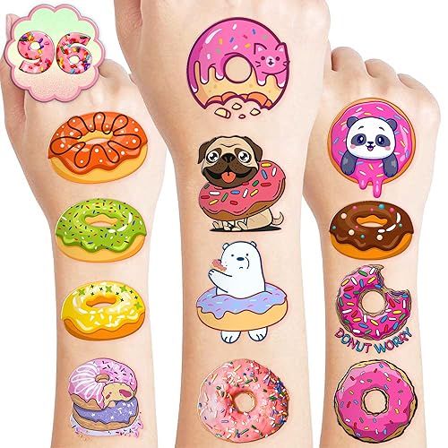 8 hojas 96 piezas de dona tatuajes temporales decoración de fiesta de cumpleaños suministros de fiesta tatuajes calcomanías lindas para niños niñas