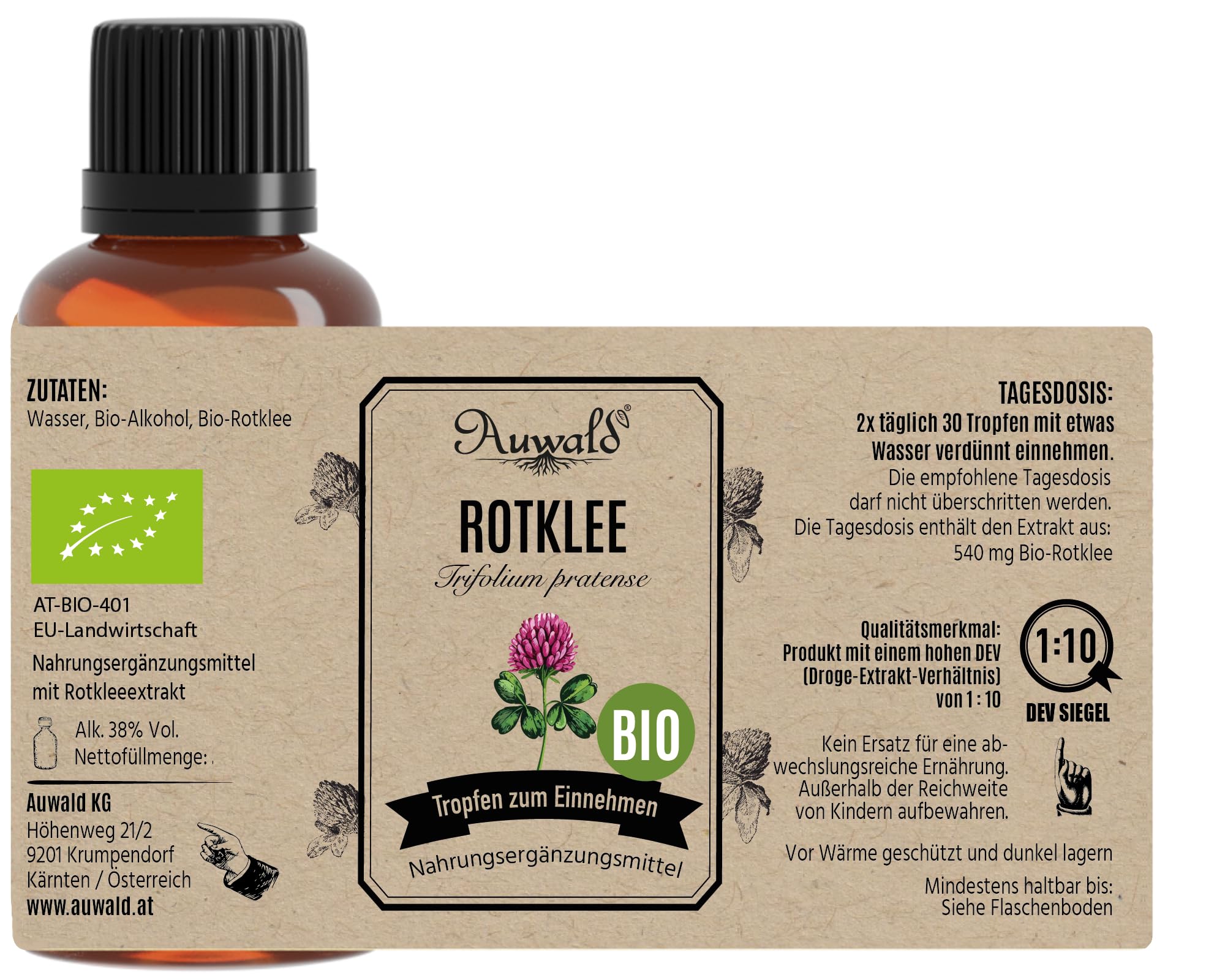NEU! Auwald Rotklee Tropfen BIO – Hochwertiger Auszug, Extrakt, Essenz & Tinktur – 100% BIO Landwirtschaft, Frei von künstlichen Zusätzen und Farbstoffen, Hergestellt in Österreich – 100ml