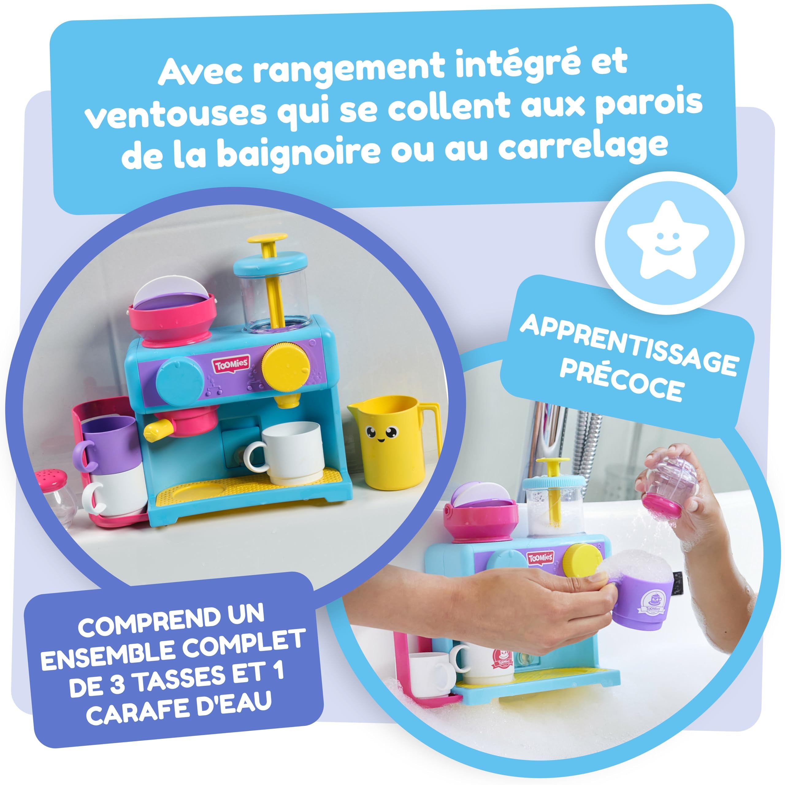 TOMY Toomies Machine à café pour le bain - Jouet de bain pour bébé - Jouet pour baignoire à fixer au mur - Coffret dinette enfant qui comprend 3 tasses, 1 pot et 1 shaker - À partir de 18 mois