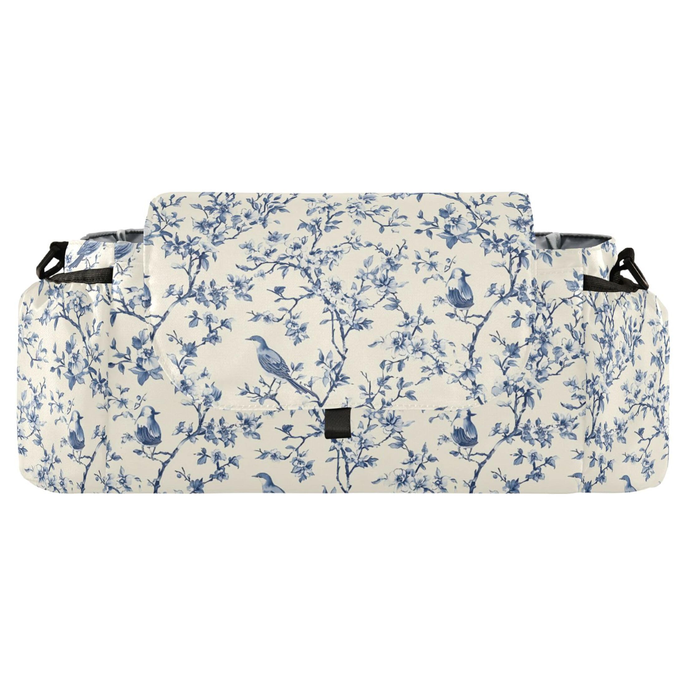 Burbuja Vintage Indigo Twig Bird Stroller Organizer with Insulated Cup Holders, Non-Slip Stroller Caddy Universal Fits Most Strollers, Nursery Accessories