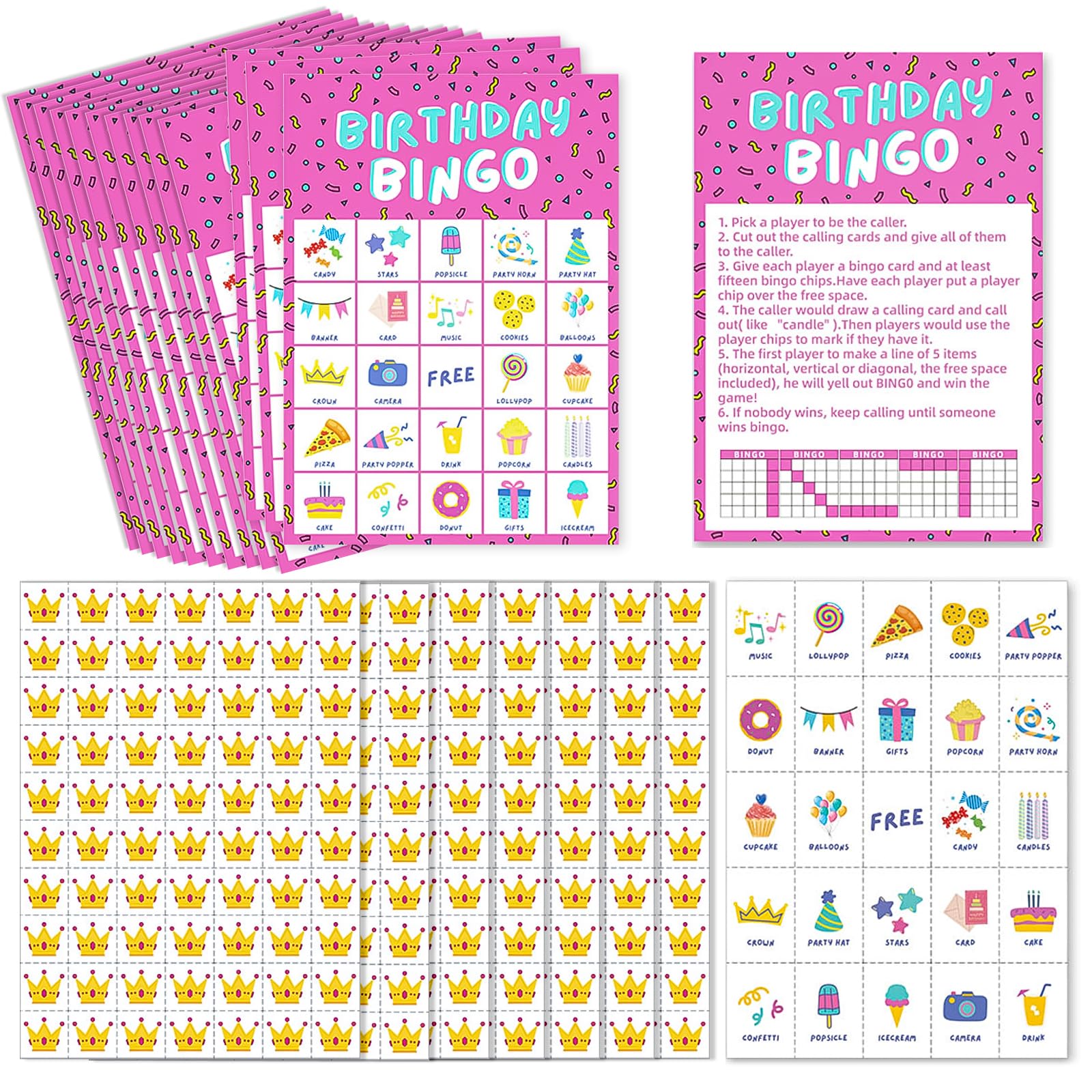 33Pcs Birthday Bingo Cards Set, Birthday Bingo Cards for Intellectual Development, 24 Player Card with Calling, Marking & Game Instructions Card, Party Style Bingos Sheets for Gathering, Travel & Home
