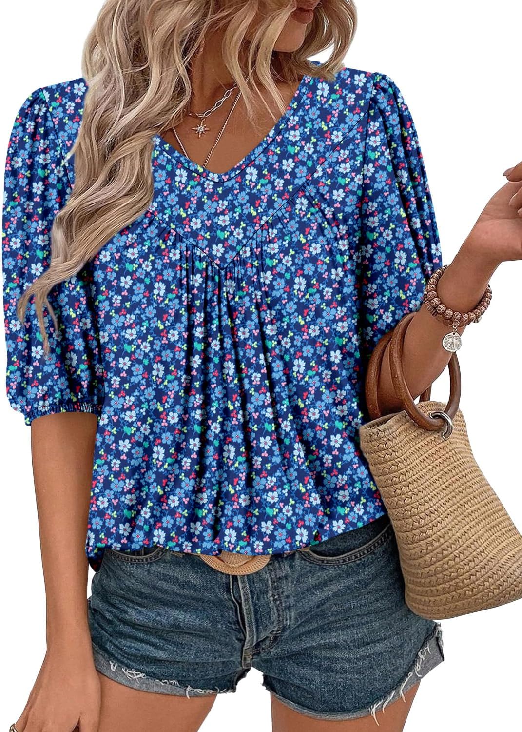 Magritta Womens Puff Half Sleeve Summer Tunic Tops Casual Chest Pleated Shirts Work Blouse for Women Dressy - Image 2