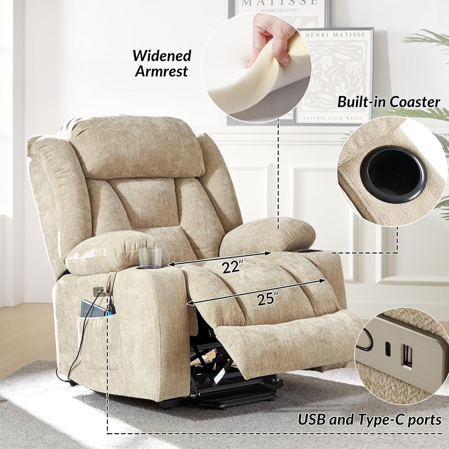 HULALA HOME Large Power Lift Recliner Chairs for Elderly with Massage and Heat, 2 Side Pockets, and Cup Holders, 3 Positions, USB Ports, Chenille Beige
