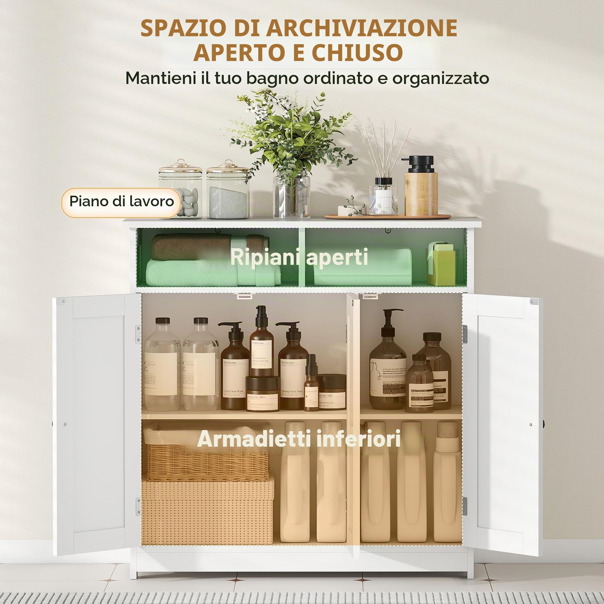 HOMCOM Mobile da bagno, armadio da bagno stretto con 3 ante, 2 scomparti aperti, ripiano regolabile, per soggiorno, cucina, 85x30x85 cm, bianco