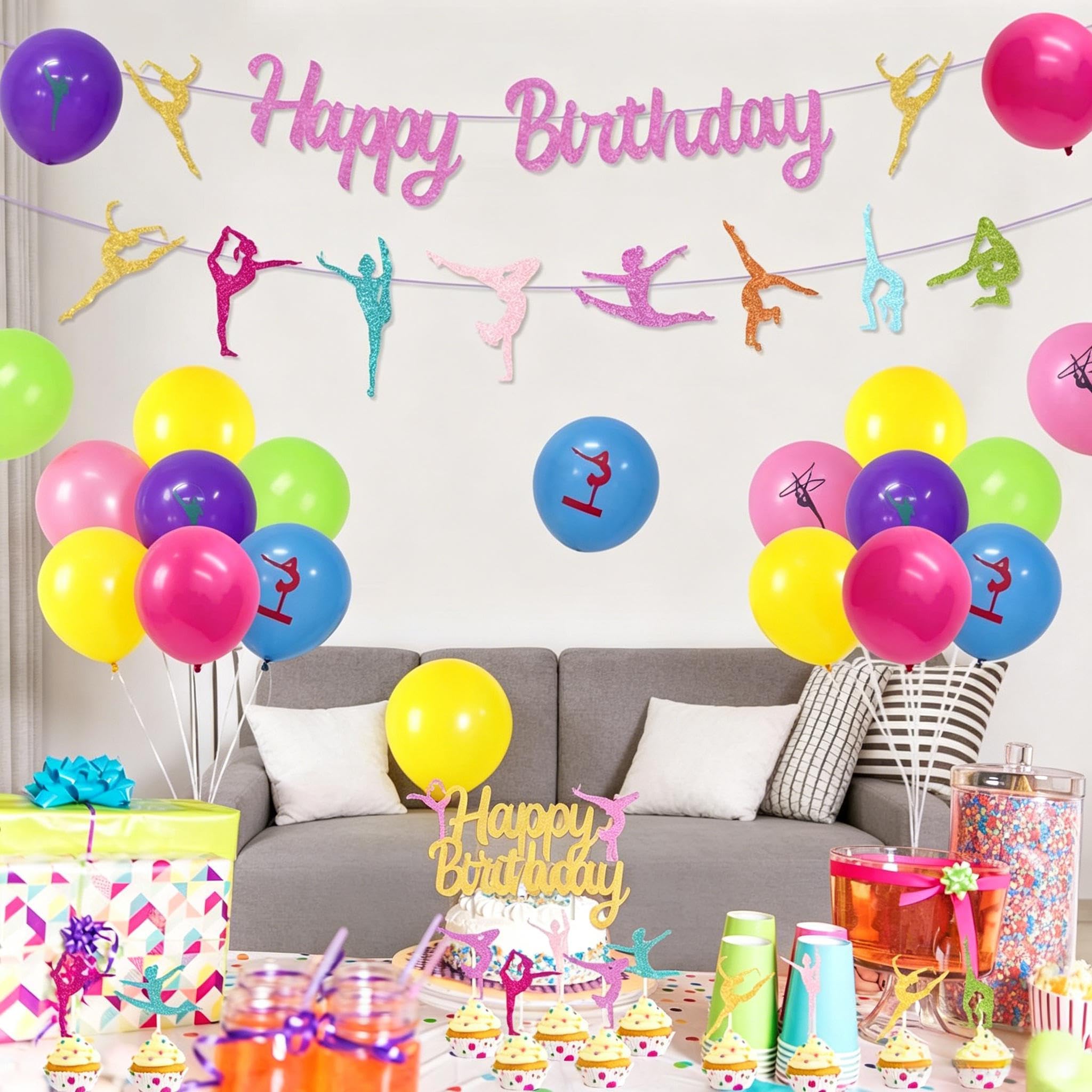 Happy Birthday dekoracje urodzinowe: baner Happy Birthday, balony i girlanda do ciast i babeczek o tematyce gimnastyki