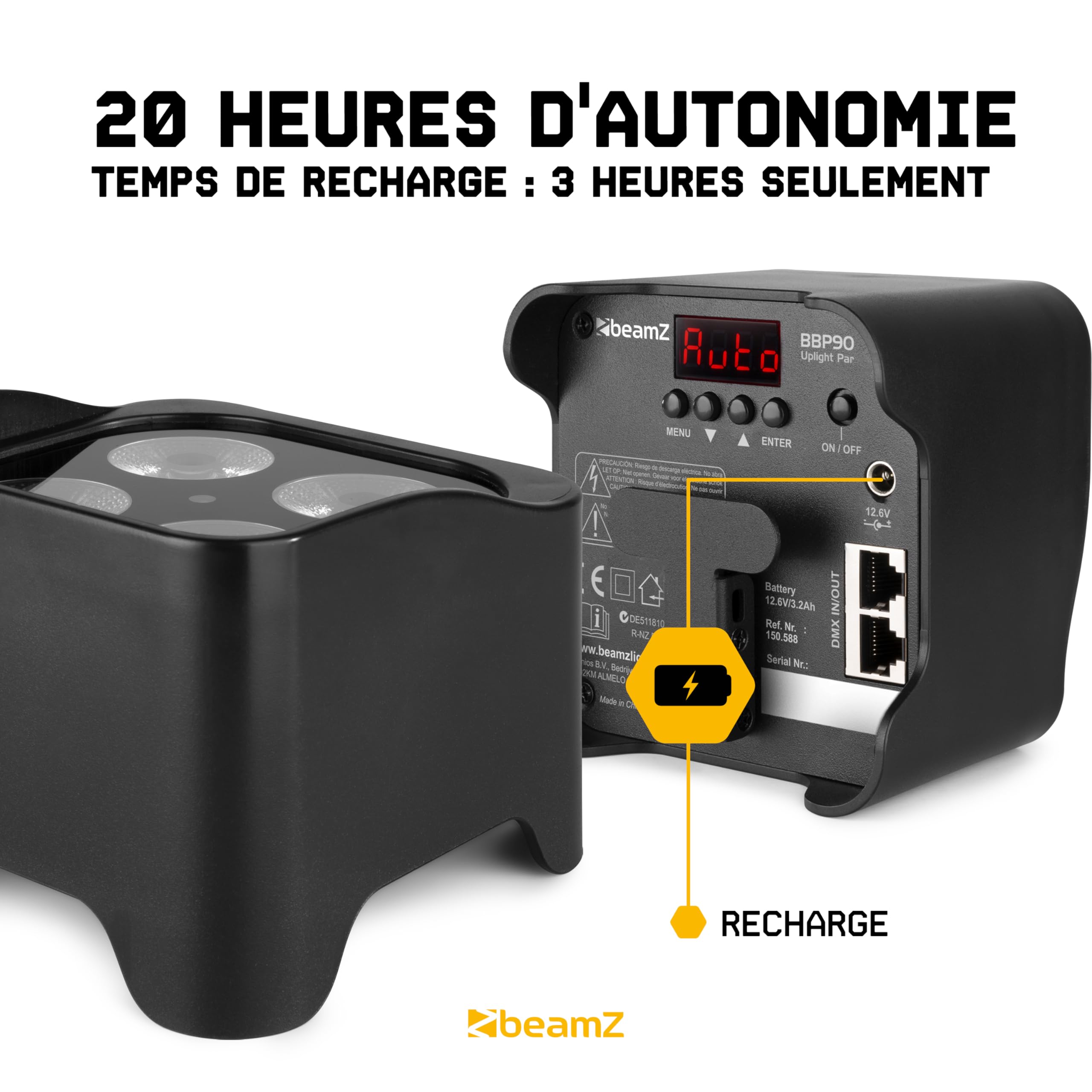BeamZ BBP90-4x Projecteurs d’Ambiance sur Batterie - Noir, 4 x 4 Watts RGB-UV, Autonomie 20H, Câble DMX Inclus, Modes Automatiques, Idéal pour les Mariages, Architectures...