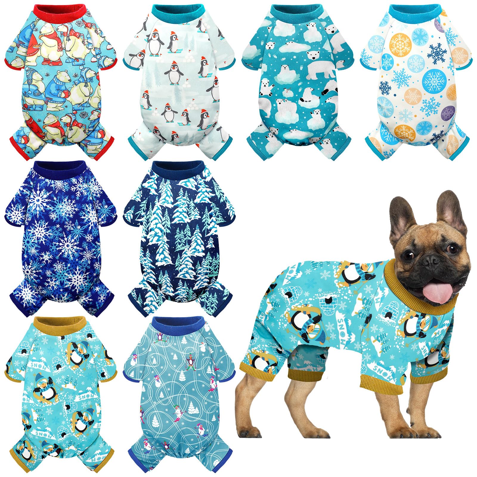 Paterr 8 Stück Winter Hund Pyjama Winter Warm Schneeflocke Pinguin Weiß Bär Muster Welpen Hund Pyjama Winter Hund Jumpsuit Urlaub Hund Welpen Kleidung für Winter Urlaub Kleine Hunde Kleid (Medium)