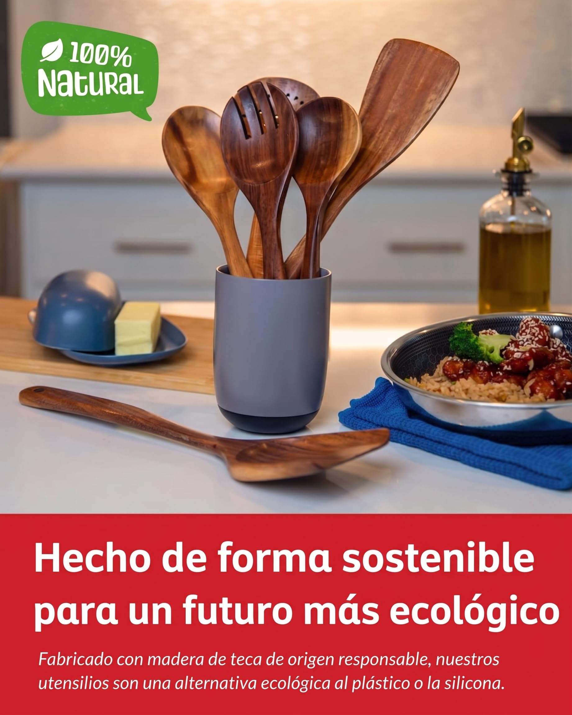 Boxiki Kitchen - 6 Cucharas de Madera para Cocinar - Set Duradero con Acabado Suave de Madera de Teca - Set de Cucharas y Espátula para Sartén Antiadherente para Uso Diario