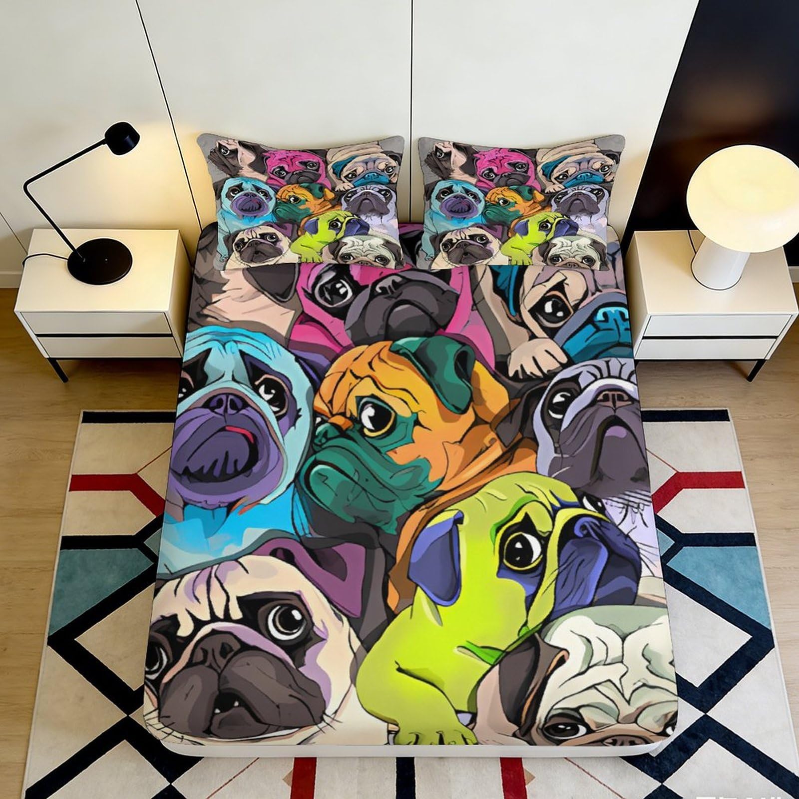 3D Printed Colorful Pug Dogs Fitted Sheet Microfiber Soft Vibrant Cartoon Mattress Cover for Bedroom Dorm Room Decor 140x200x25cm