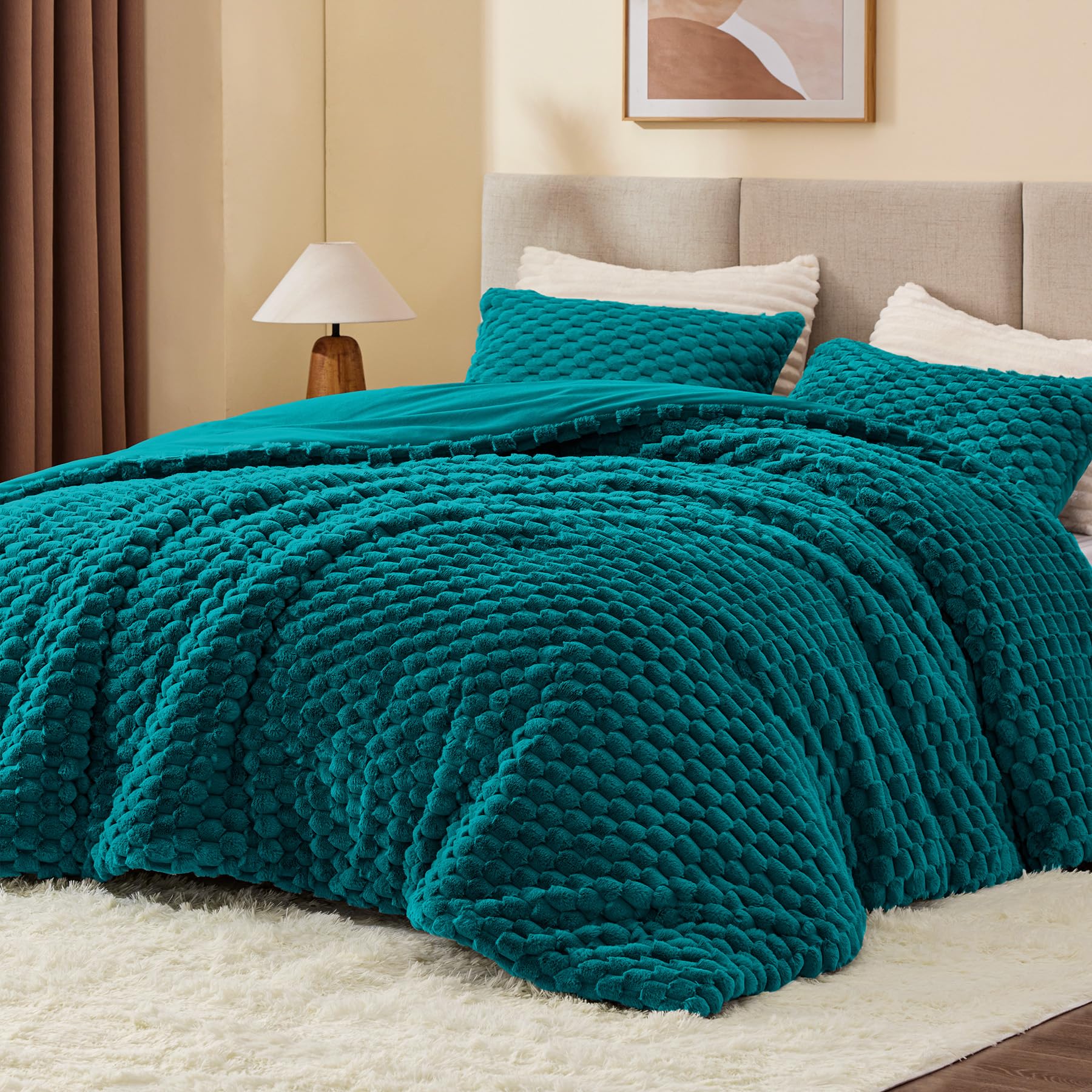 BEDELITE Fluffy Queen Comforter Set, Teal Fleece Bed Set 3 Pieces | Soft &amp; Warm, Luxury Fuzzy Bedding for All Season, Cozy Room Decor Aesthetic, 1 Marshmallow Comforter with 2 Pillowcases