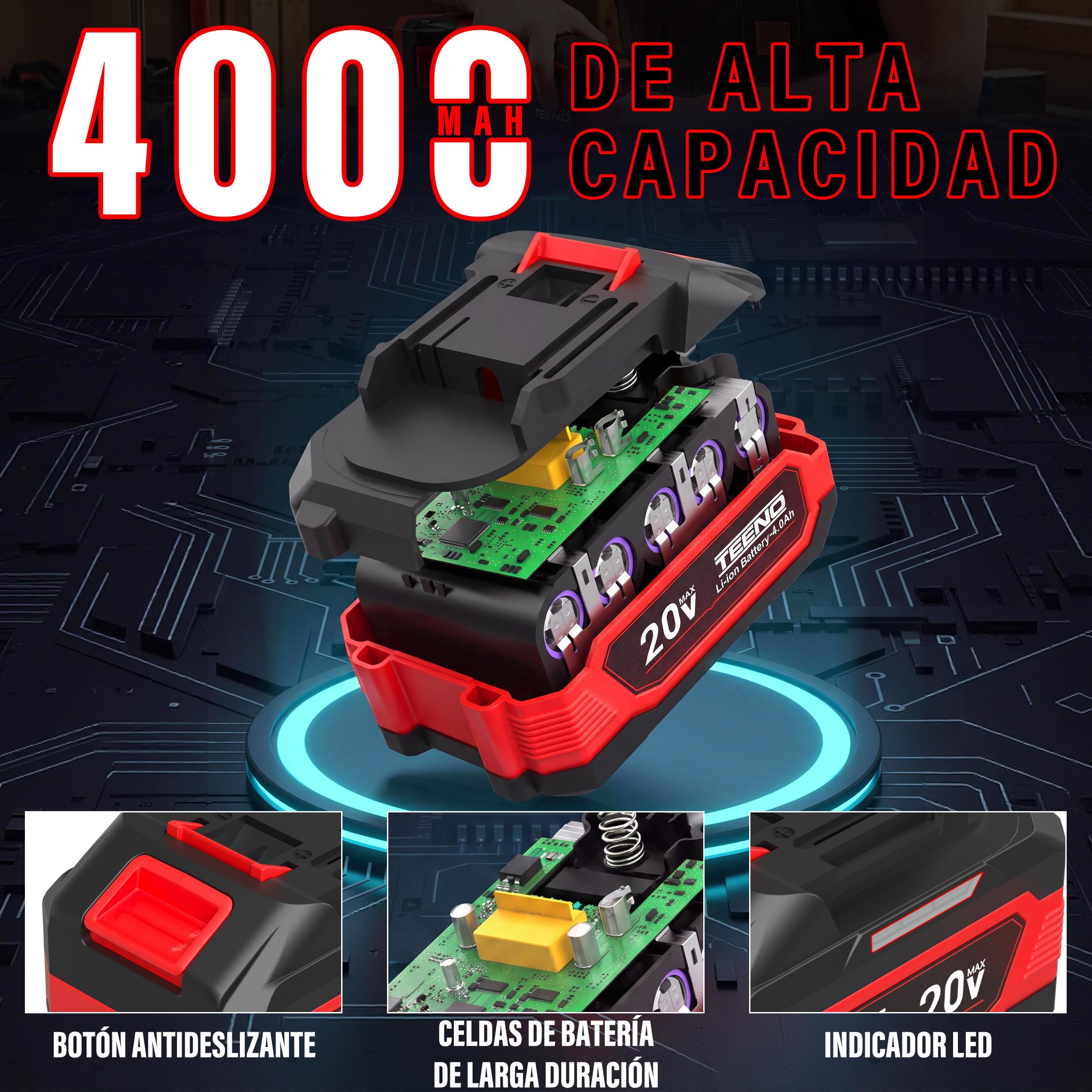 TEENO - Lijadora multifunción inalámbrica 3 en 1, batería 4,0 Ah